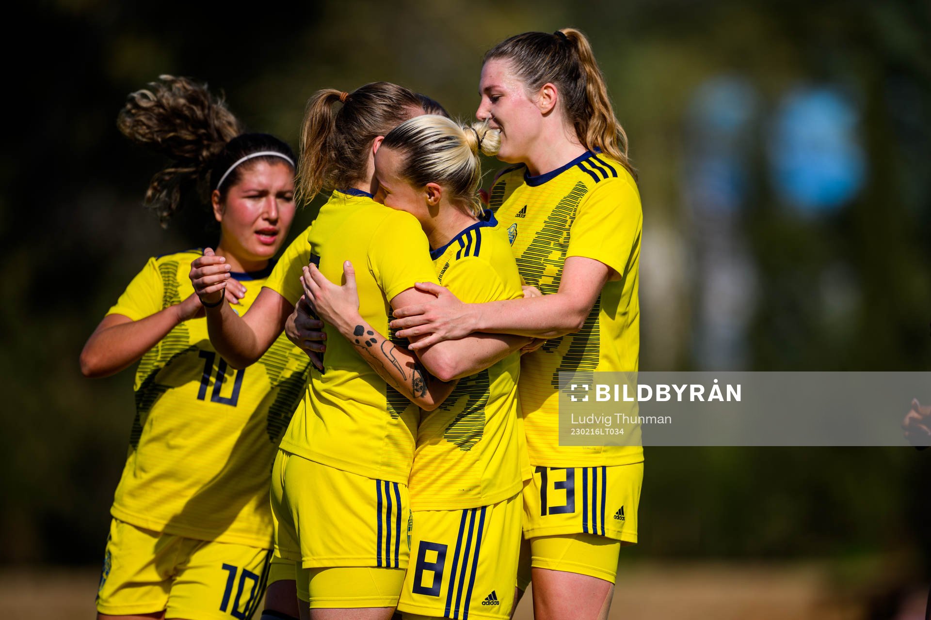 Loreta Kullashi, Emma Westin, Marika Bergman Lundin and Emma Westin of Sweden celebrates during the under-23 international friendly football match between Sweden and Netherlands on February 16, 2023 in Marbella.