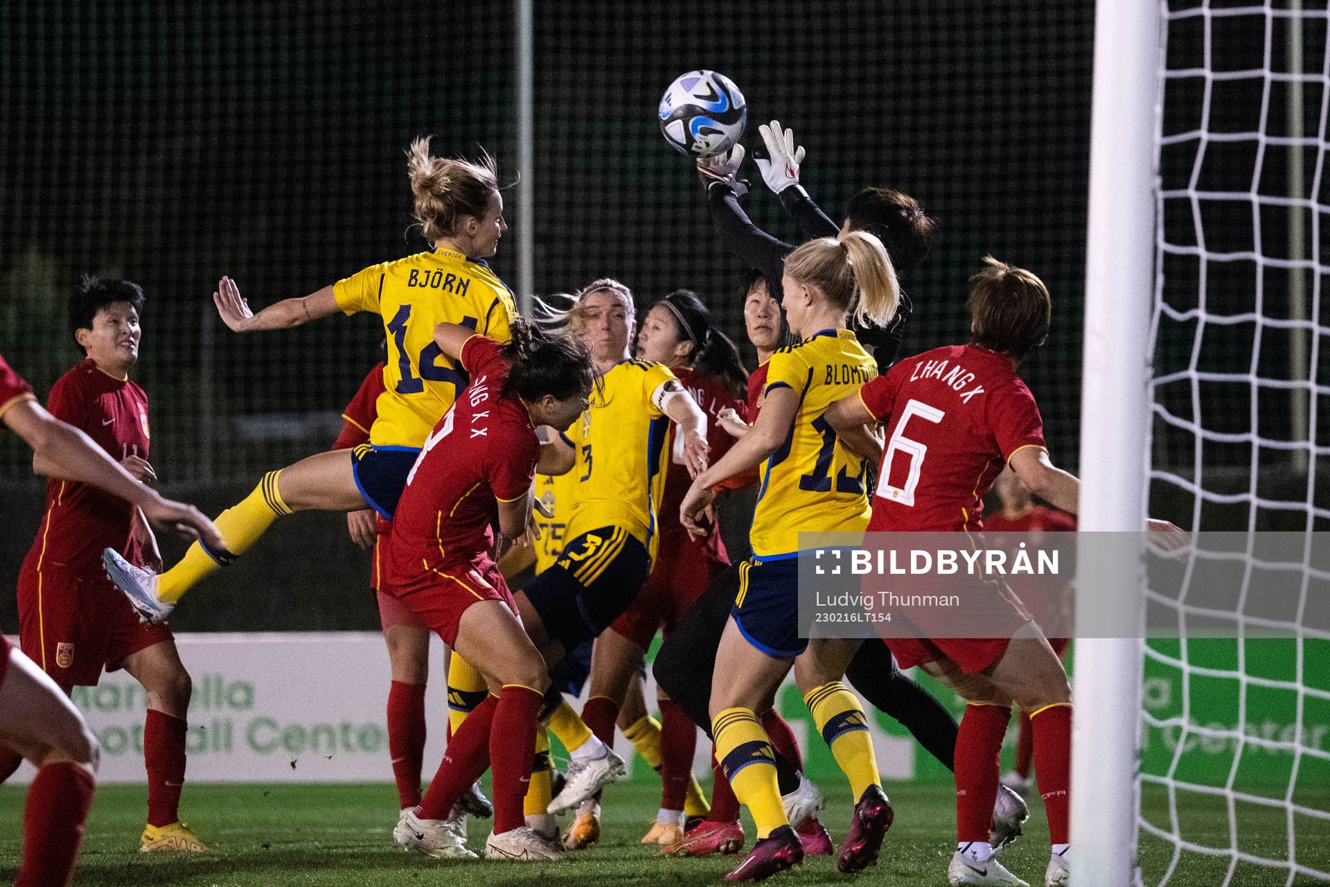Nathalie Björn of Sweden scores 4-1 during the women's international friendly football match between Sweden and China on February 16, 2023 in Marbella.
