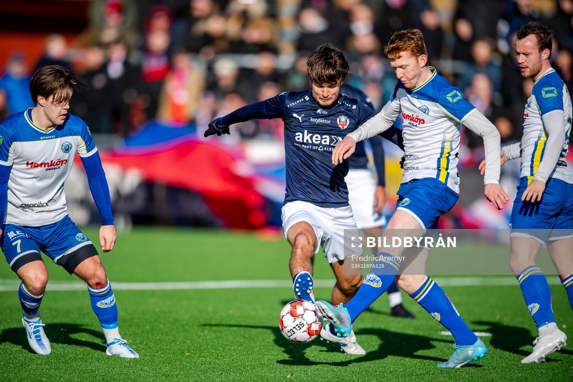 Onsalas Joel Palmquist, Helsingborgs Wilhelm Loeper, Onsalas Magnus Johansson och Adam Fogelblad under matchen i Svenska Cupen mellan Onsala och Helsingborg den 18 februari 2023 i Onsala.