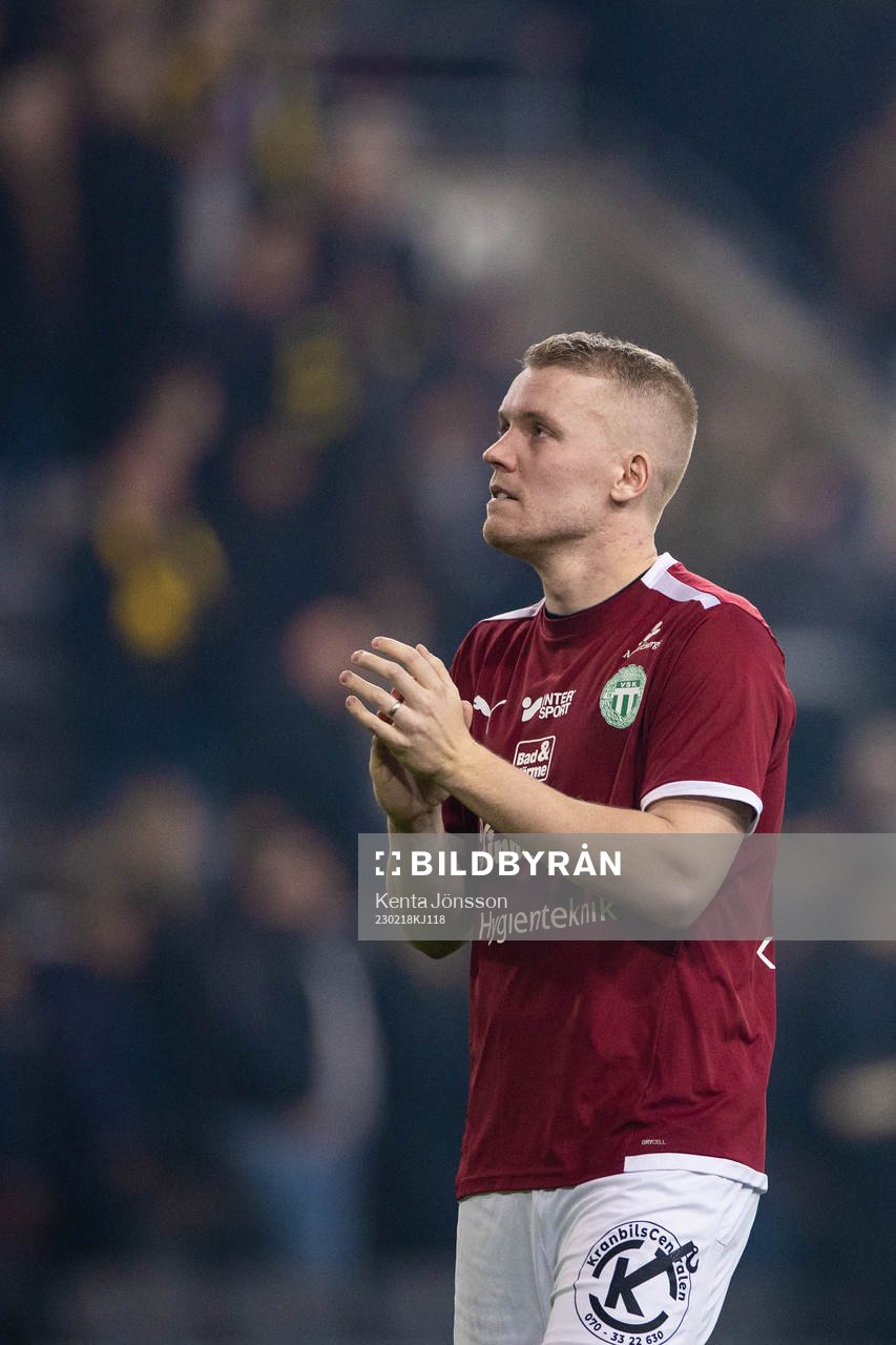 Västerås Simon Johansson under fotbollsmatchen i Svenska Cupen mellan AIK och Västerås SK den 18 februari 2023 i Stockholm. 