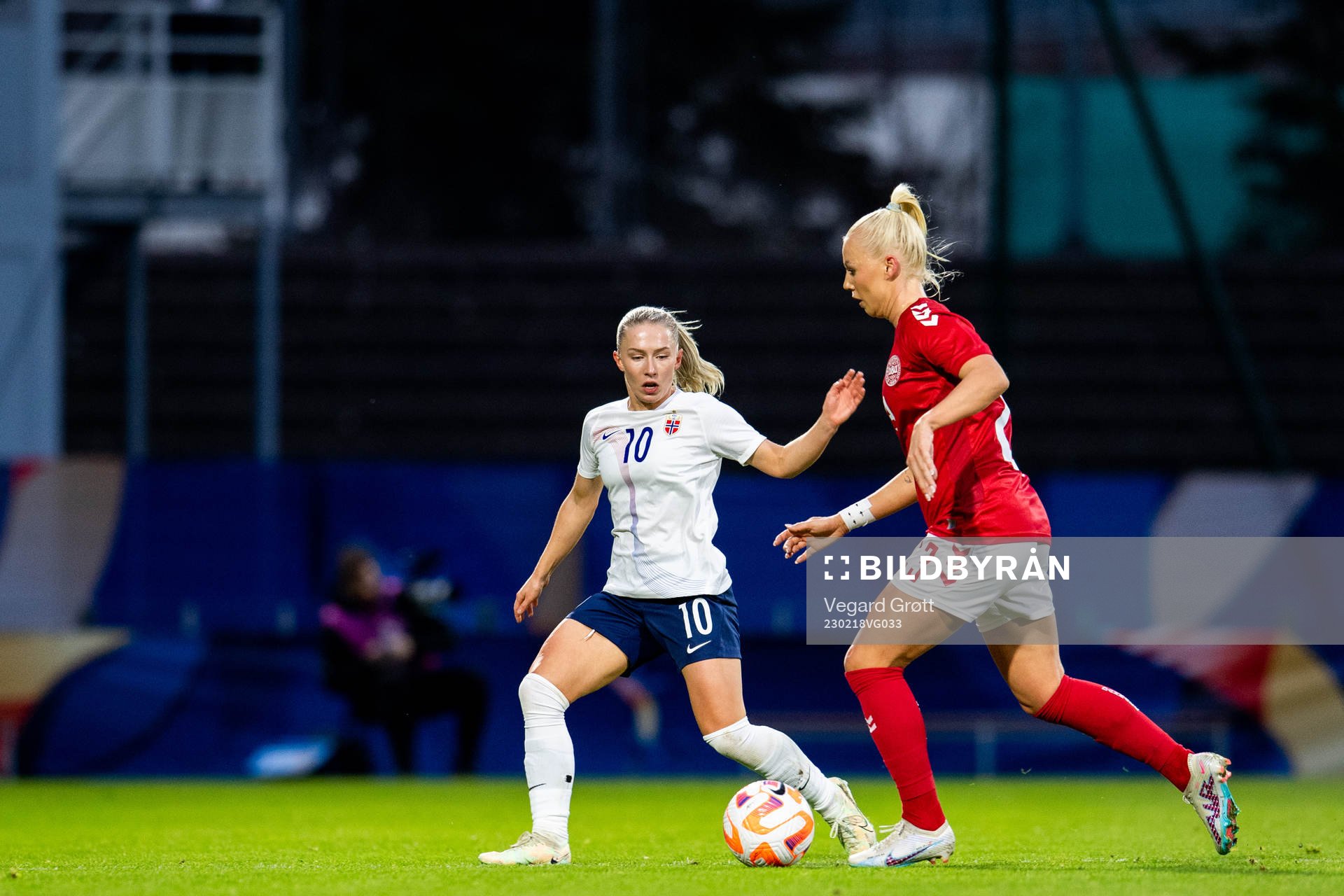 Thea Bjelde of Norway and Sofie Svava of Denmark during the international friendly football match between Denmark and Norway on February 18, 2023 in Laval.