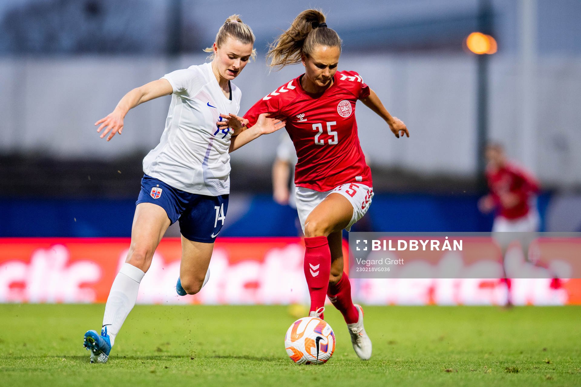 Thea Sørbo of Norway and Frederikke Skjødt Thøgersen of Denmark during the international friendly football match between Denmark and Norway on February 18, 2023 in Laval.