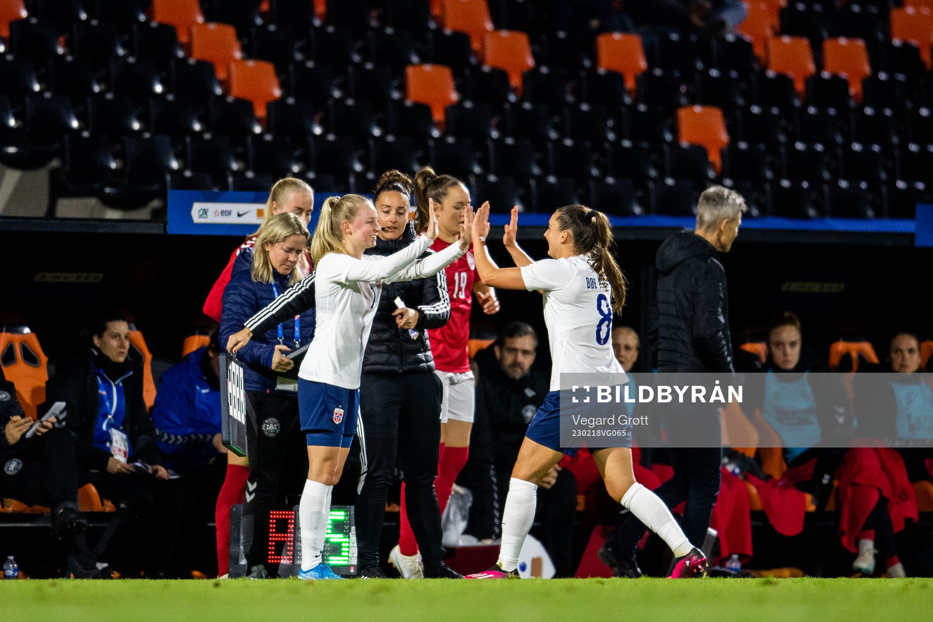 Emilie Marie Joramo of Norway and Vilde Bøe Risa of Norway during the international friendly football match between Denmark and Norway on February 18, 2023 in Laval.