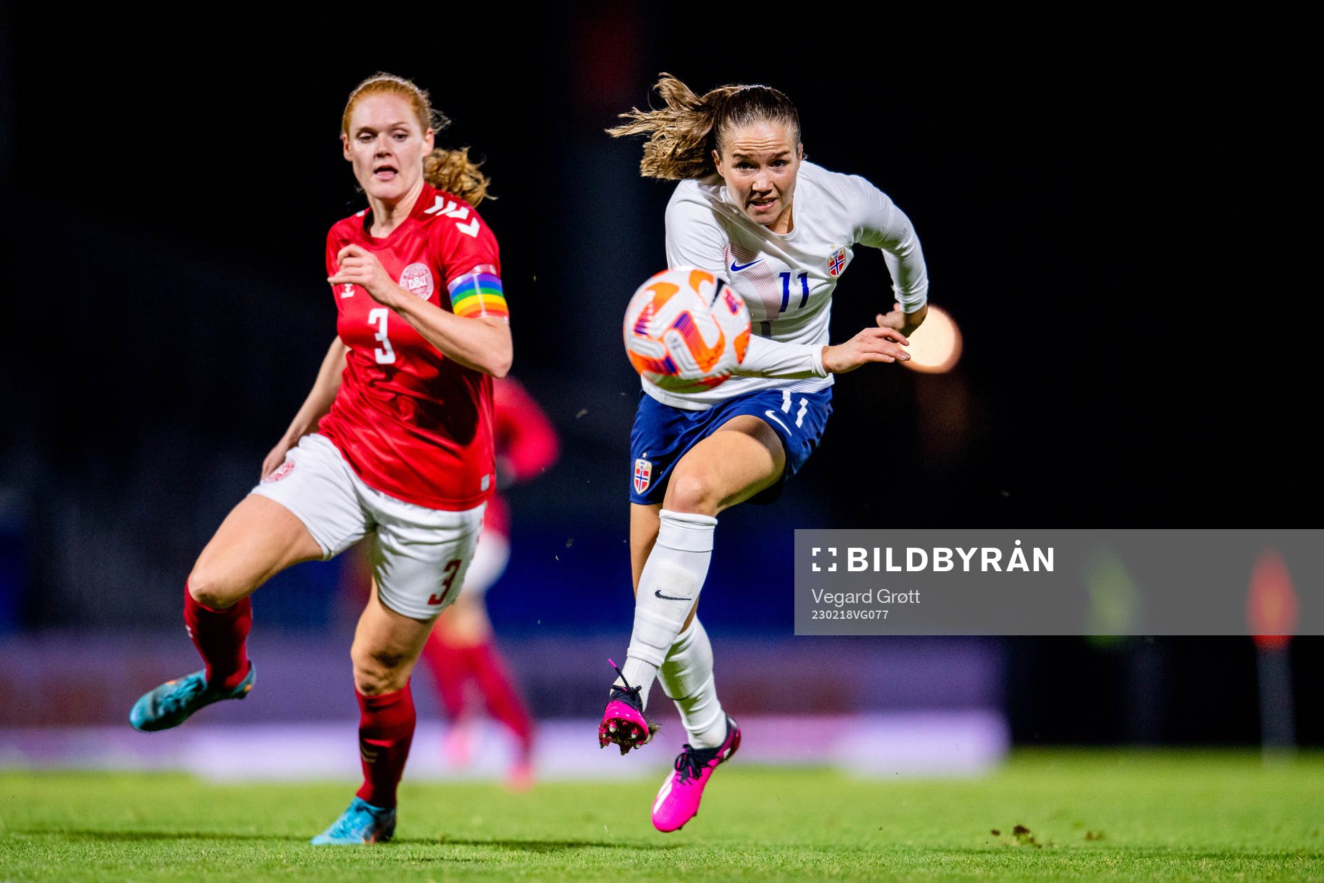 Stine Ballisager Pedersen of Denmark and Guro Reiten of Norway during the international friendly football match between Denmark and Norway on February 18, 2023 in Laval.
