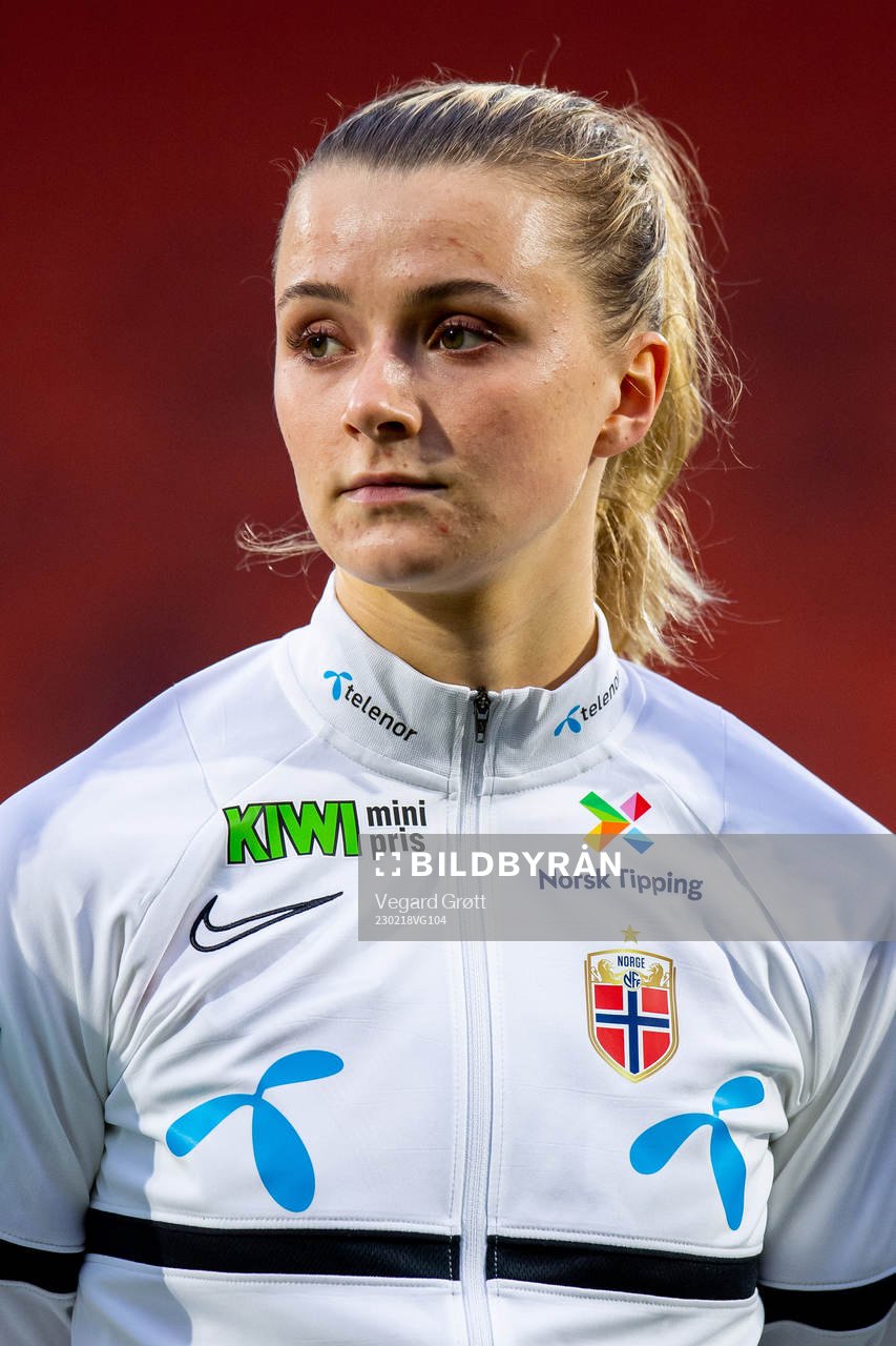 Thea Sørbo of Norway ahead of the international friendly football match between Denmark and Norway on February 18, 2023 in Laval. 