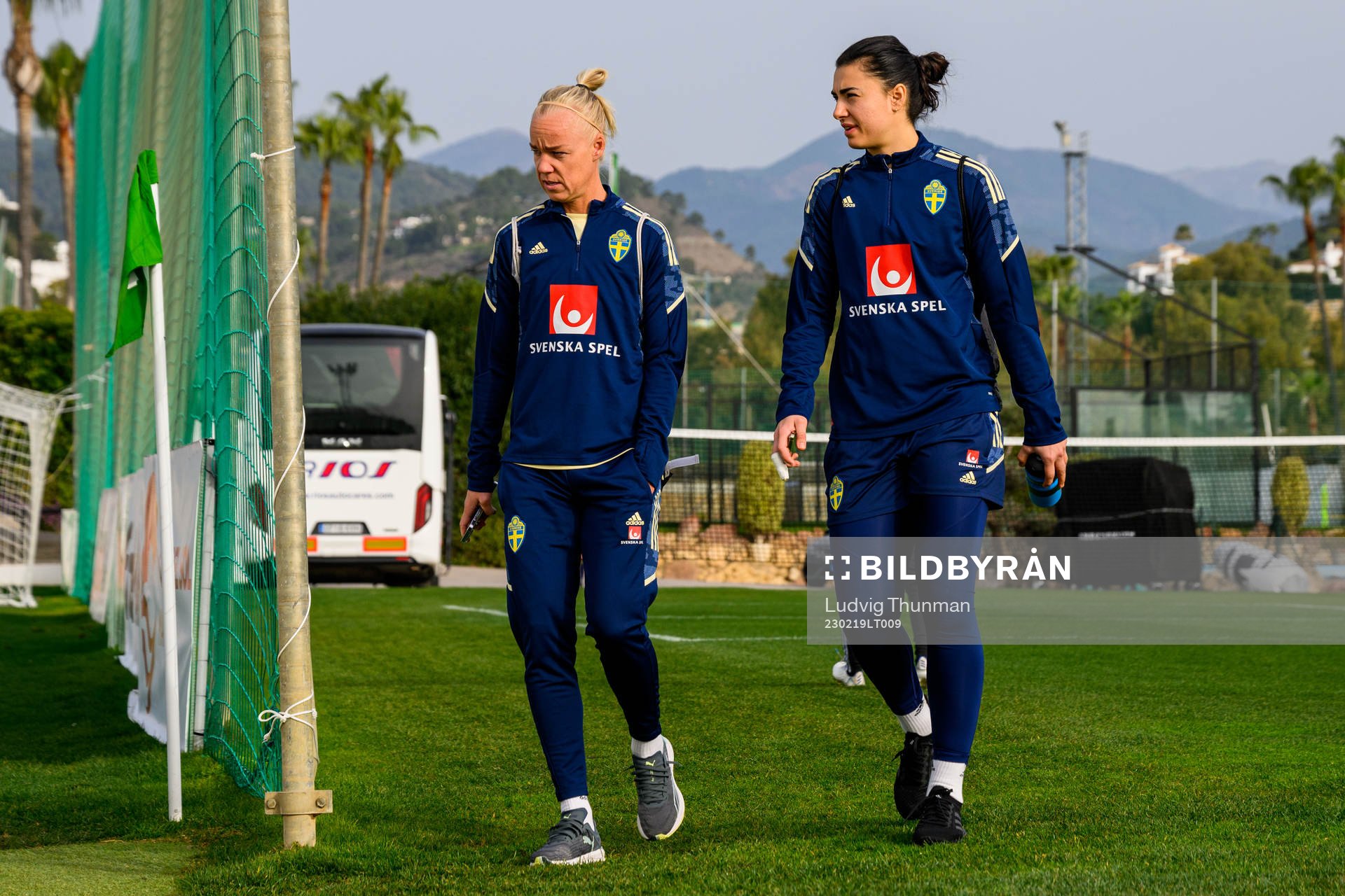 Caroline Seger and goalkeeper Zecira Musovic ahead of a training session with the women's national football team of Sweden on February 19, 2023 in Marbella.
