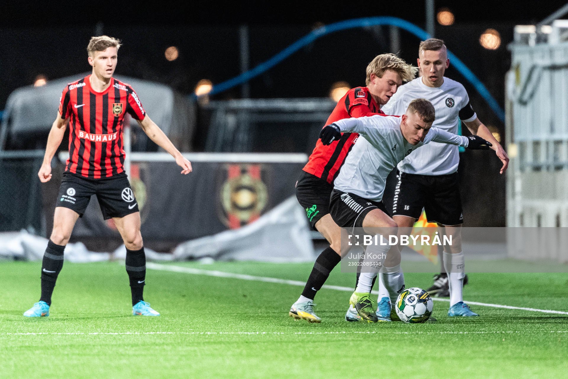 Brommapojkarnas Samuel Leach Holm, Alexander Jensen och Valgeir Valgeirsson, David Seger under fotbollsmatchen i Svenska Cupen mellan Brommapojkarna och Örebro den 20 februari 2023 i Stockholm.
