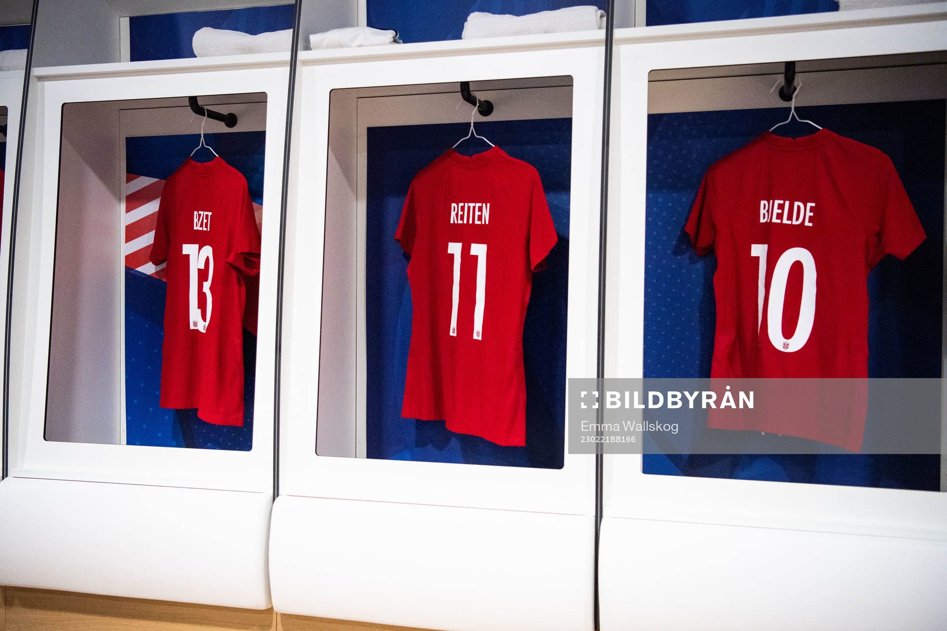 Shirts of Celin Bizet Ildhusøy, Guro Reiten and Thea Bjelde of Norway ahead of the international friendly football match between France and Norway on February 21, 2023 in Angers.