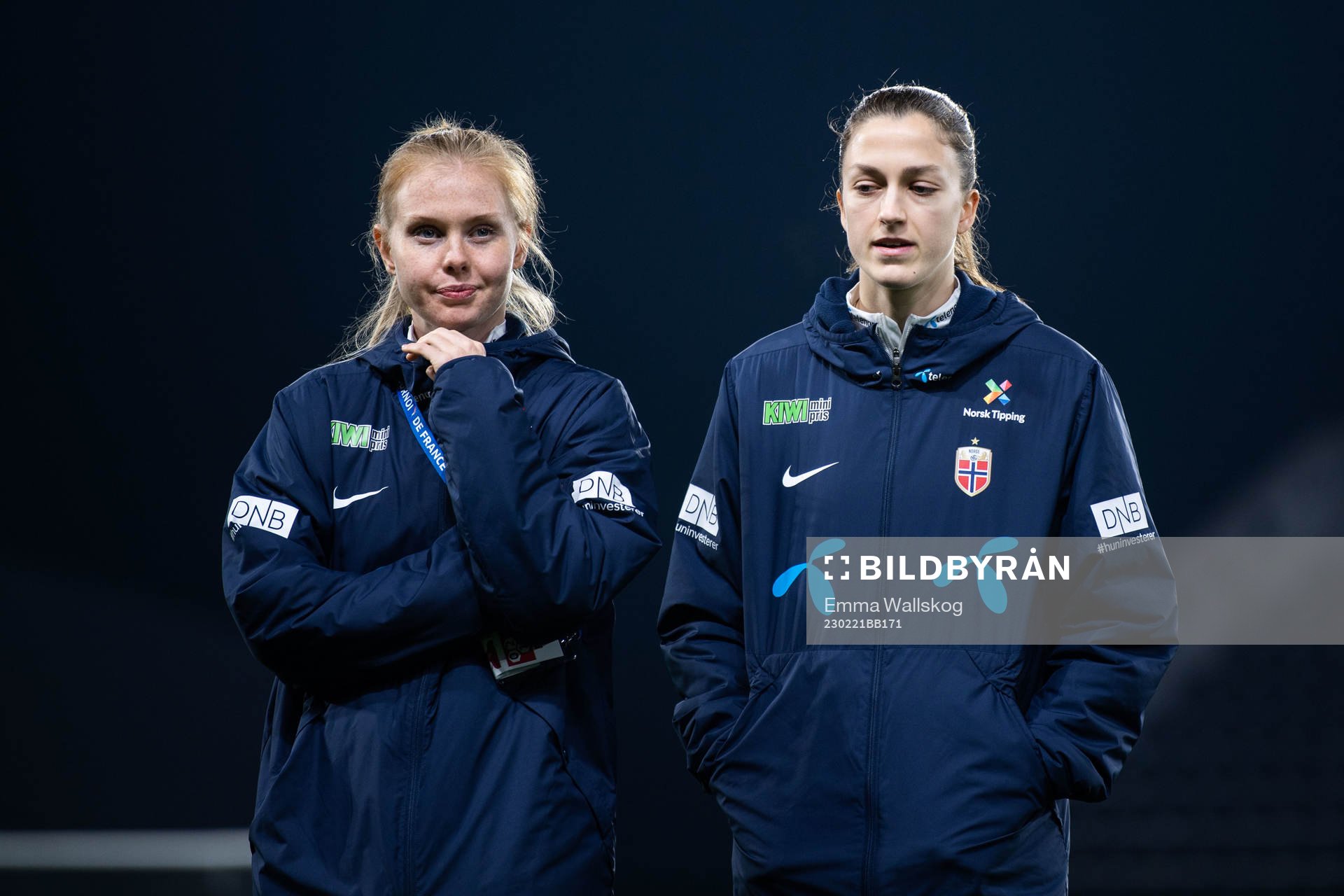 Malin Brenn and Emma Stølen Godø of Norway ahead of the international friendly football match between France and Norway on February 21, 2023 in Angers. 
