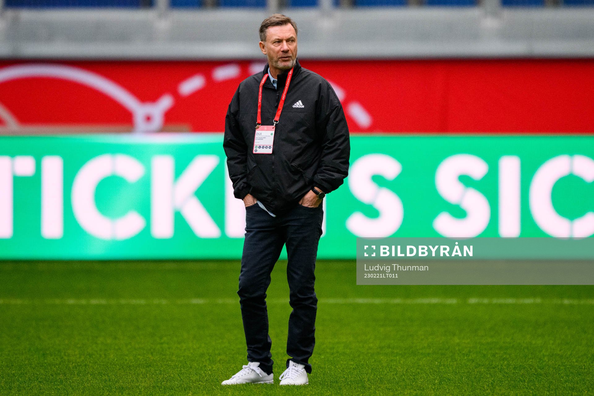 Head coach Peter Gerhardsson of Sweden walks the pitch