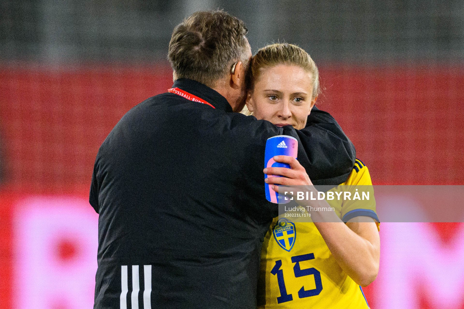 Head coach Peter Gerhardsson hugs Rebecka Blomqvist of