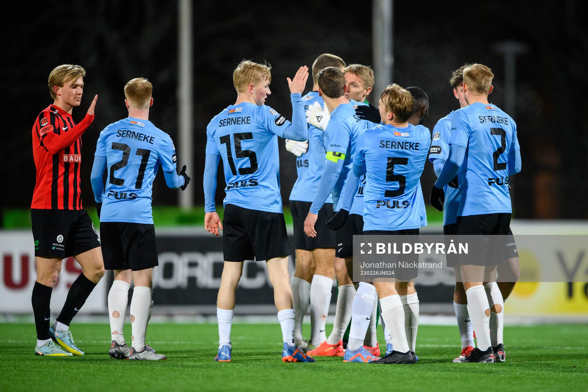 Landskronas spelare jublar efter fotbollsmatchen i Svenska Cupen mellan Brommapojkarna och Landskrona den 26 februari 2023 i Stockholm.