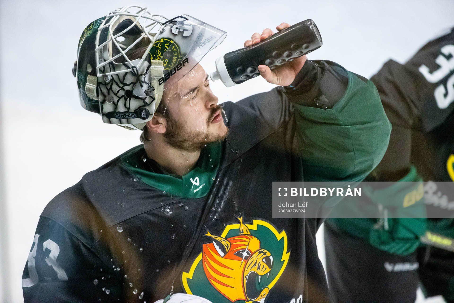 Björklövens målvakt Alex D’orio innan ishockeymatchen