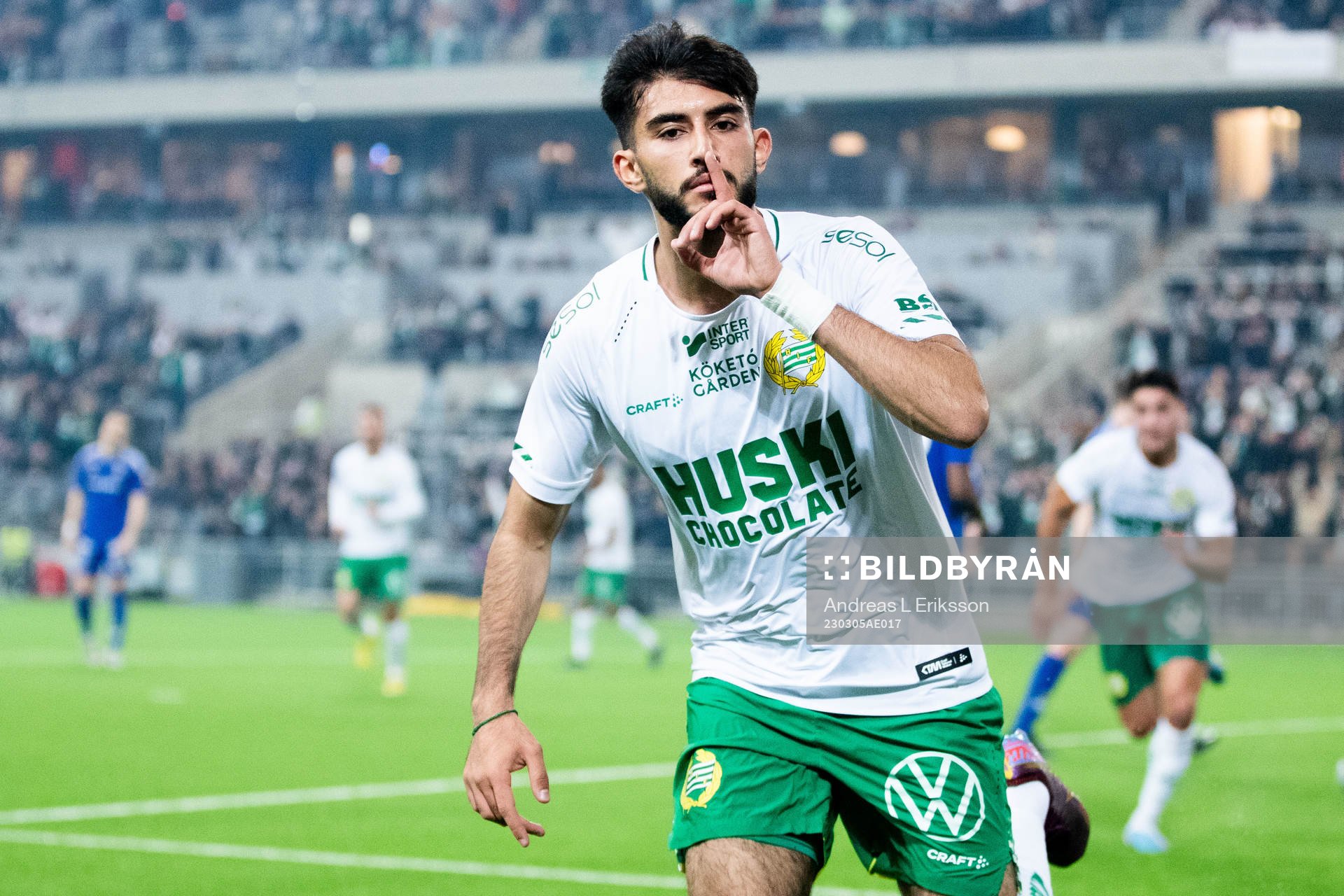 Hammarbys Montader Madjed jublar efter 4-0 under fotbollsmatchen i Svenska Cupen mellan Hammarby och GIF Sundsvall den 5 mars 2023 i Stockholm.