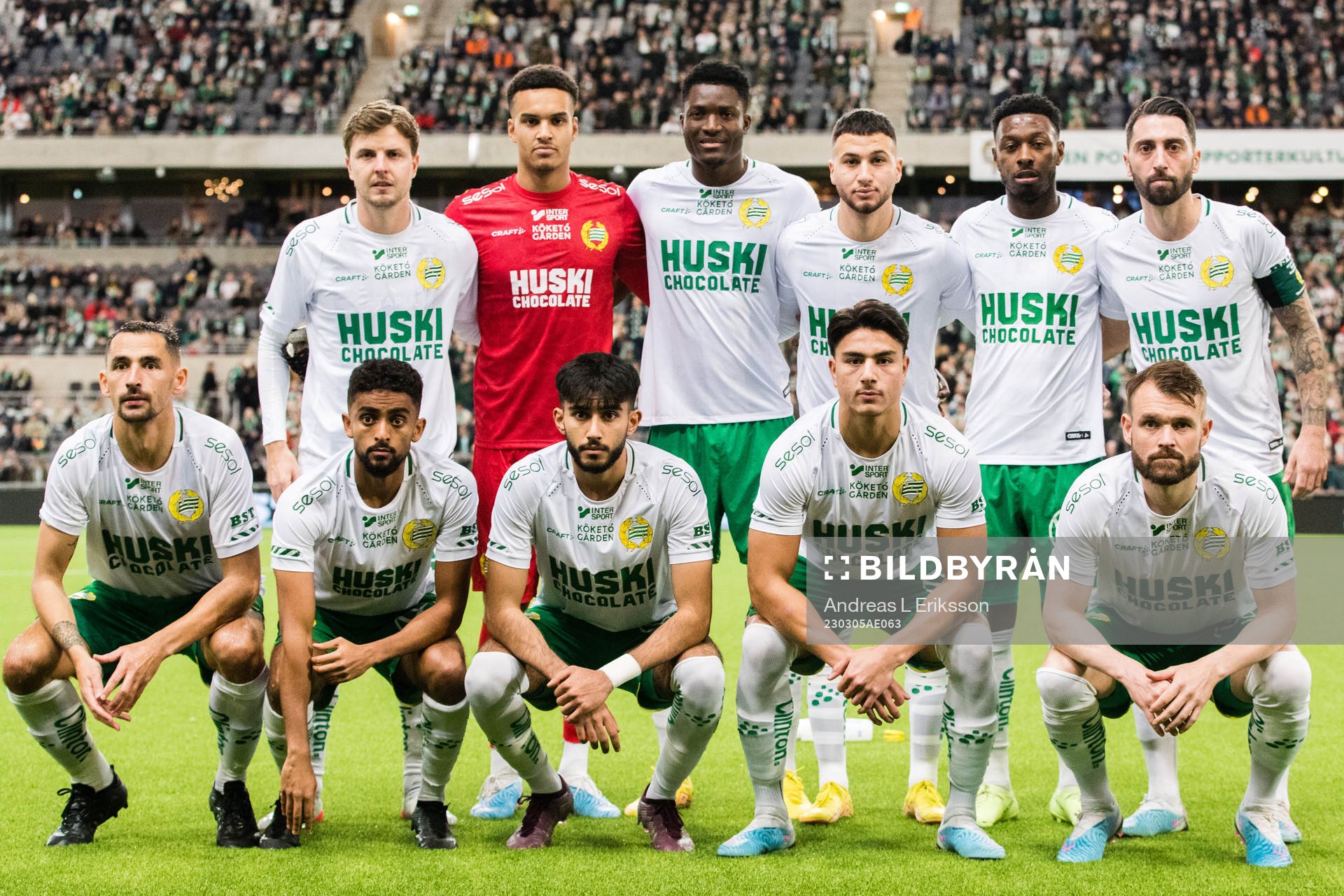 Hammarbys startelva inför fotbollsmatchen i Svenska Cupen mellan Hammarby och GIF Sundsvall den 5 mars 2023 i Stockholm. Övre raden från vänster: Joel Nilsson, målvakt Davor Blazevic, Nathaniel Adjei, Abdelrahman Saidi, Shaquille Pinas och Nahir Besara. Nedre raden från vänster: Loret Sadiku, Tesfaldet Tekie, Montader Madjed, Jusef Erabi och Mads Fenger Nielsen.