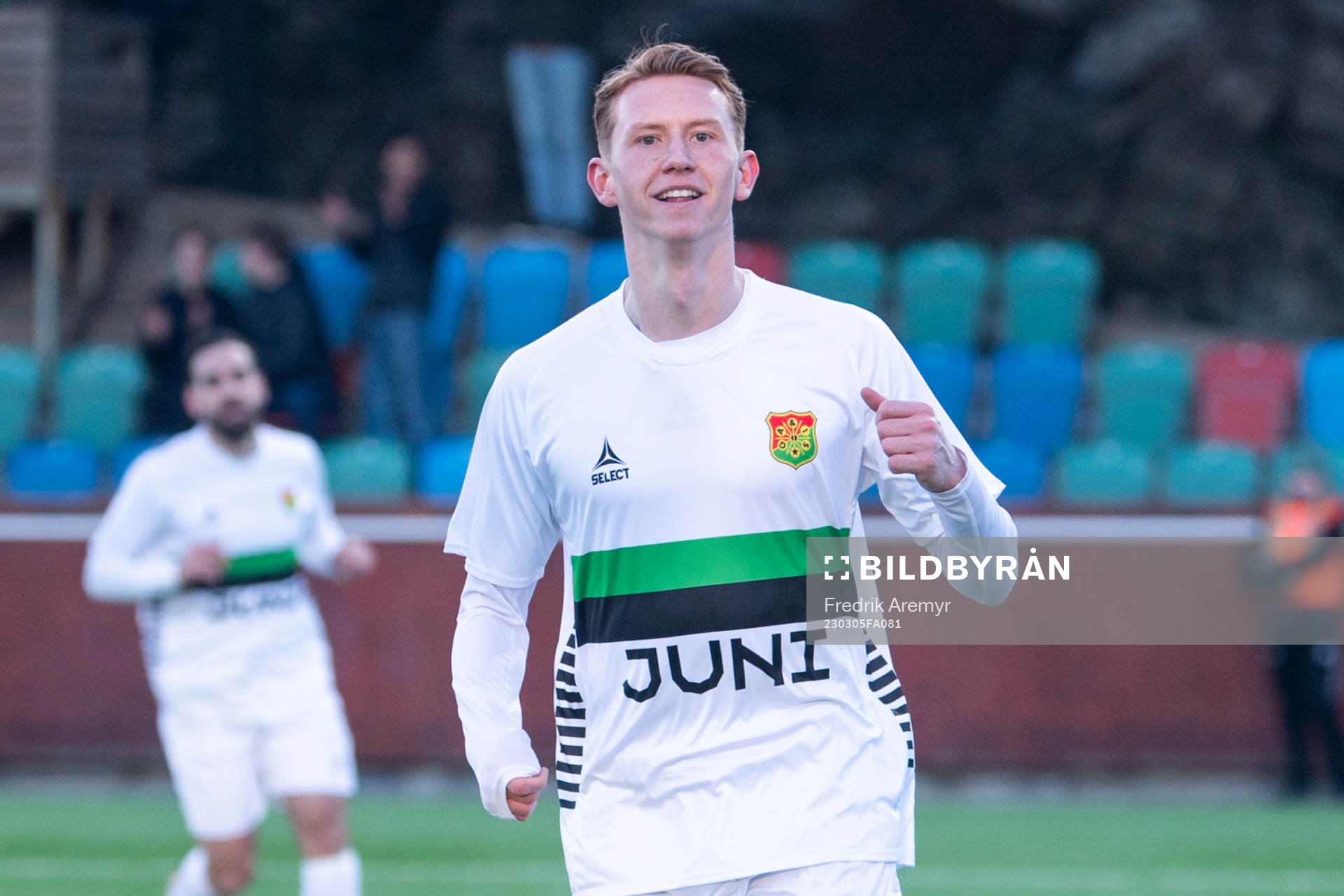 GAIS målskytt Julius Lindberg jublar efter 0-2 under fotbollsmatchen i Svenska Cupen mellan Utsikten och GAIS den 5 mars 2023 i Göteborg. 