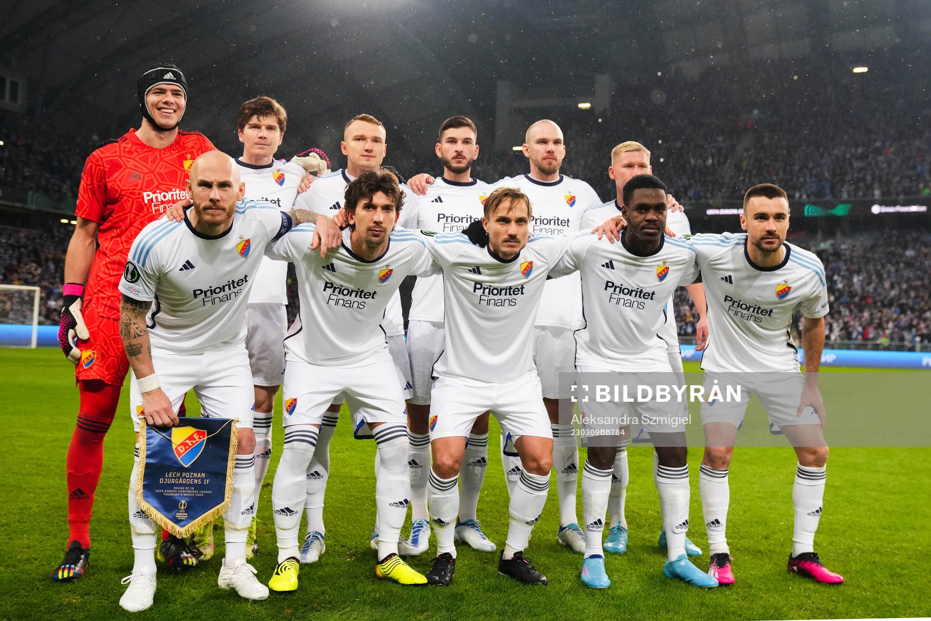 The starting eleven of Djurgården, goalkeeper Jacob Widell Zetterström, Oliver Berg, Piotr Johansson, Besard Sabovic, Marcus Danielson, Victor Edvardsen, Magnus Eriksson, Gustav Wikheim, Pierre Neurath Bengtsson, Joel Asoro and Carlos Moros Gracia ahead of the UEFA Conference League round of 16 match between Lech Poznan and Djurgården on March 9, 2023 in Poznan.