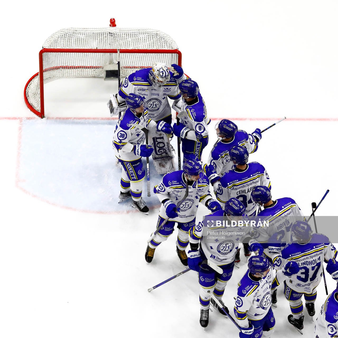 Leksands spelare jublar och tackar målvakt Mantas Armalis