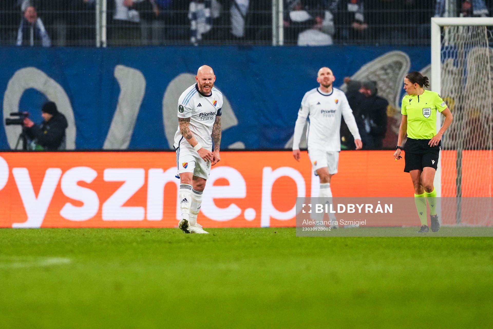 Magnus Eriksson of Djurgården reacts during the UEFA Conference League round of 16 match between Lech Poznan and Djurgården on March 9, 2023 in Poznan.