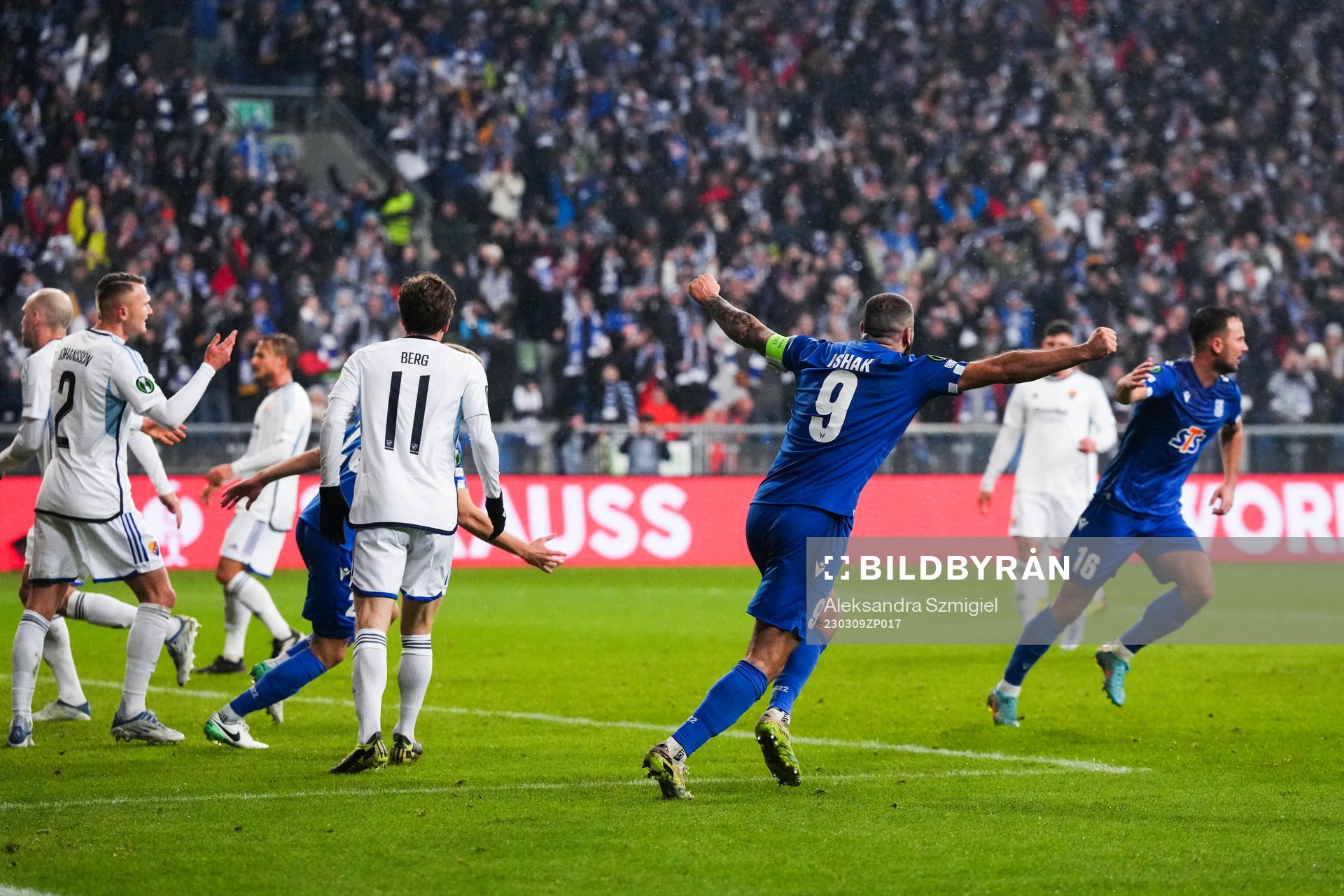 Mikael Ishak of Lech Poznan celebrates