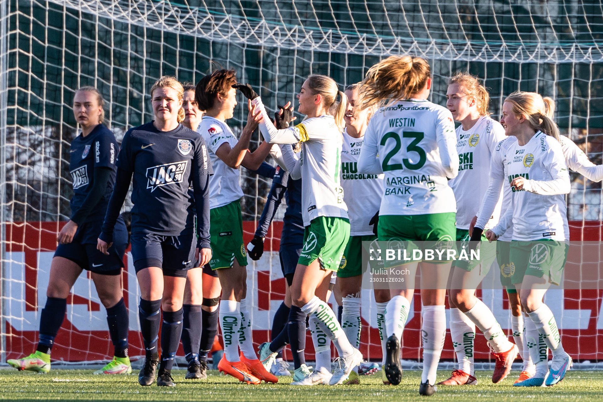 Hammarbys Maika Hamano och Alice Carlsson jublar efter Ellen Gibsons(ej i bild) 4-0 under fotbollsmatchen i Svenska Cupen mellan Hammarby och Eskilstuna United den 11 mars 2023 i Stockholm.