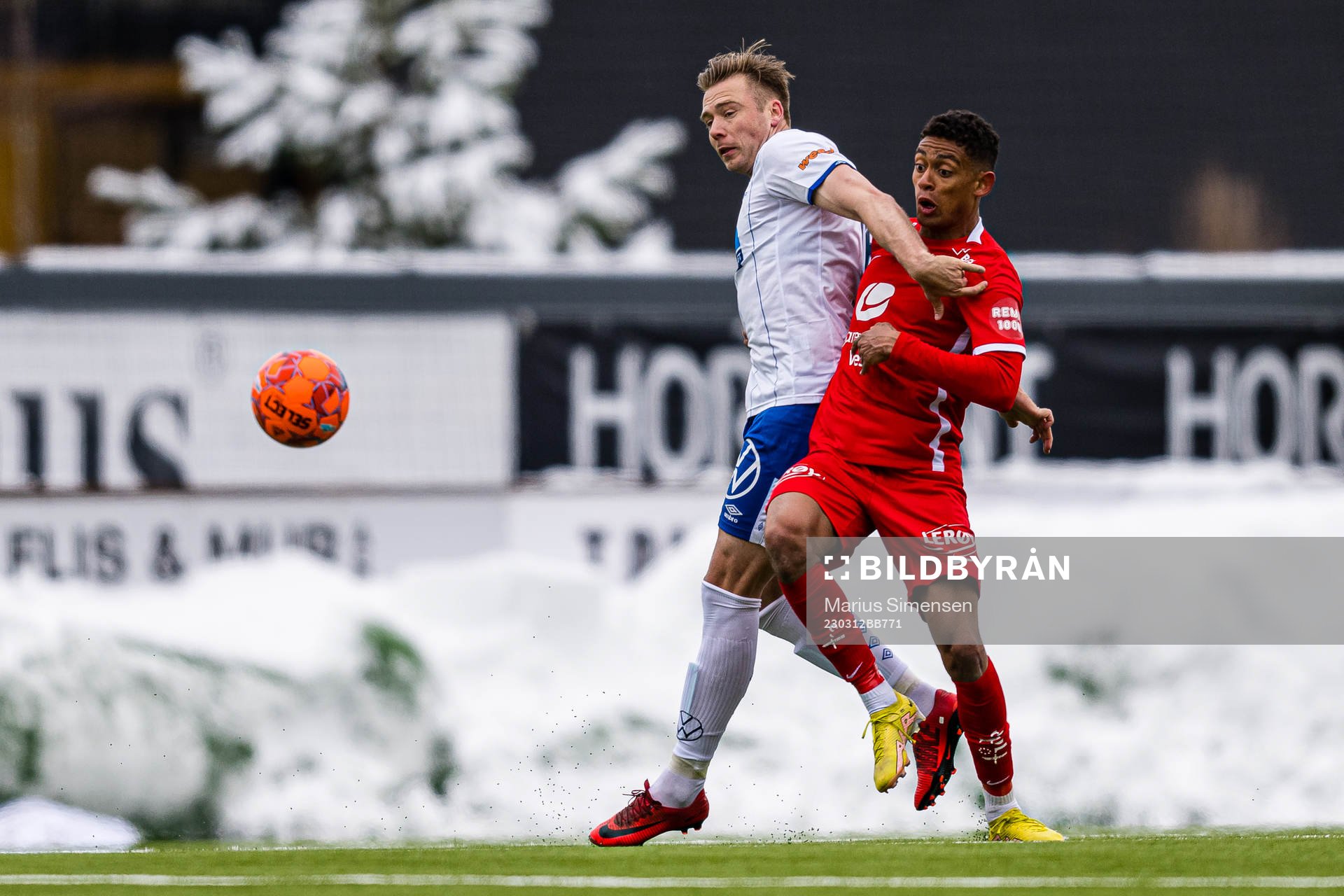 Alexander Toft Søderlund of Haugesund and Japhet Sery Larsen of Brann during the cup match between Brann and Haugesund on March 12, 2023 in Bergen.