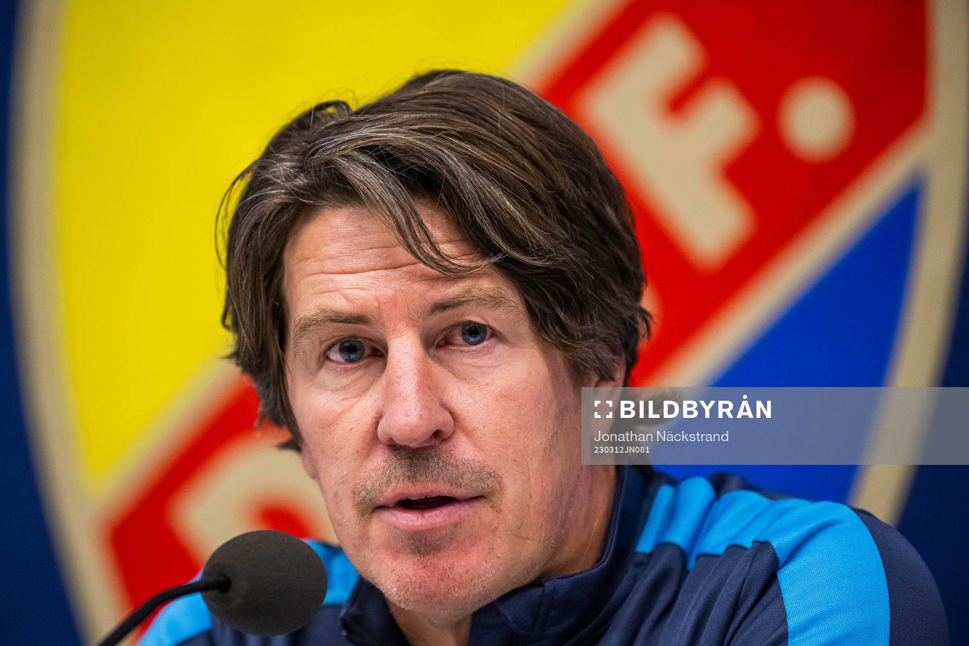 Djurgårdens tränare Thomas Lagerlöf under presskonferens efter kvartsfinalen i Svenska Cupen i fotboll mellan Djurgården och Malmö FF den 12 mars 2023 i Stockholm.