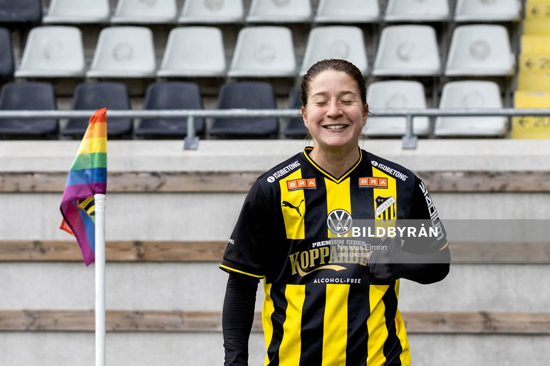 Häckens Ruby Grant glad efter sin debut under fotbollsmatchen i Svenska Cupen mellan Häcken och Vittsjö den 12 mars 2023 i Göteborg. 

