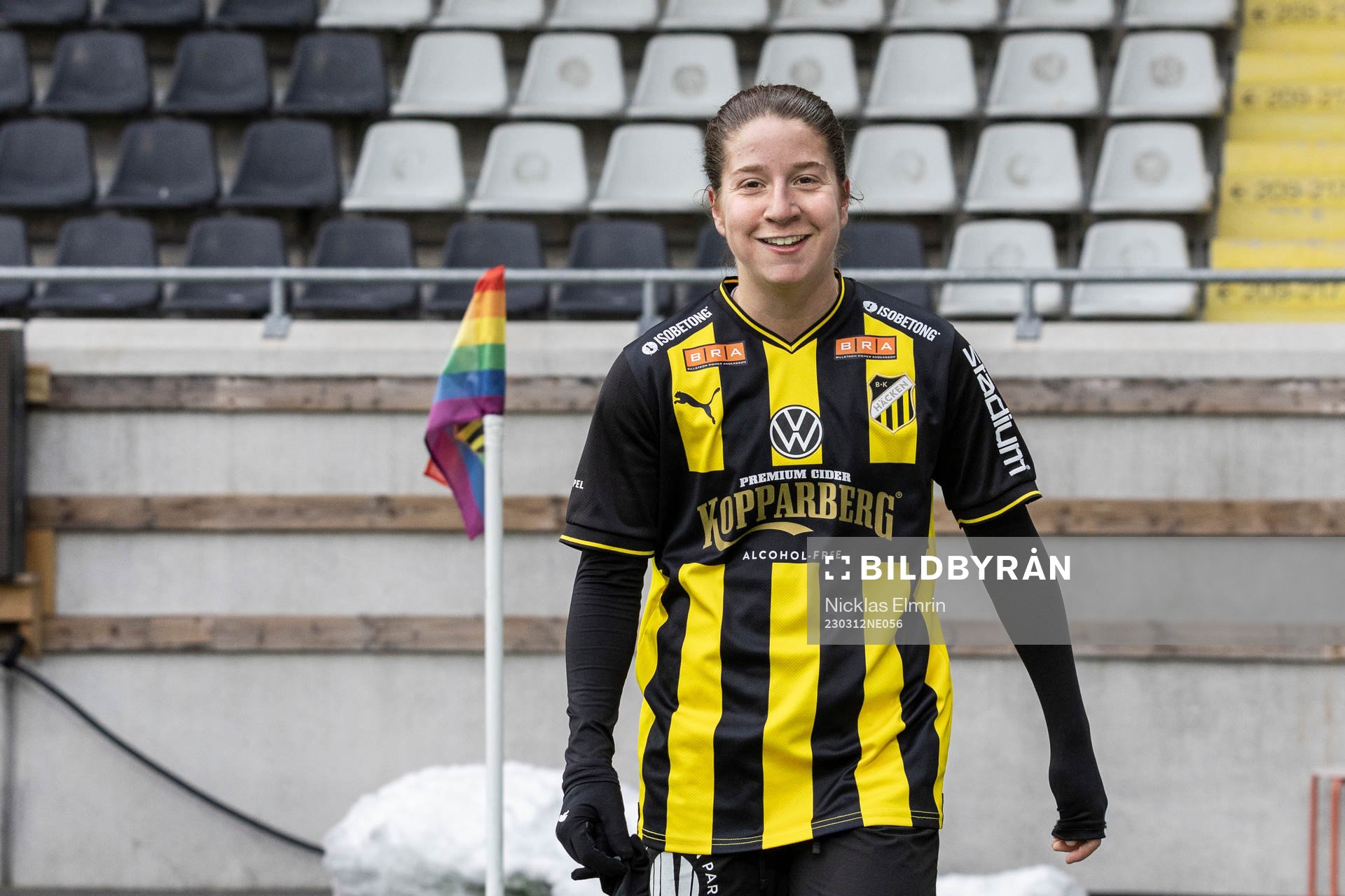 Häckens Ruby Grant glad efter sin debut under fotbollsmatchen i Svenska Cupen mellan Häcken och Vittsjö den 12 mars 2023 i Göteborg. 