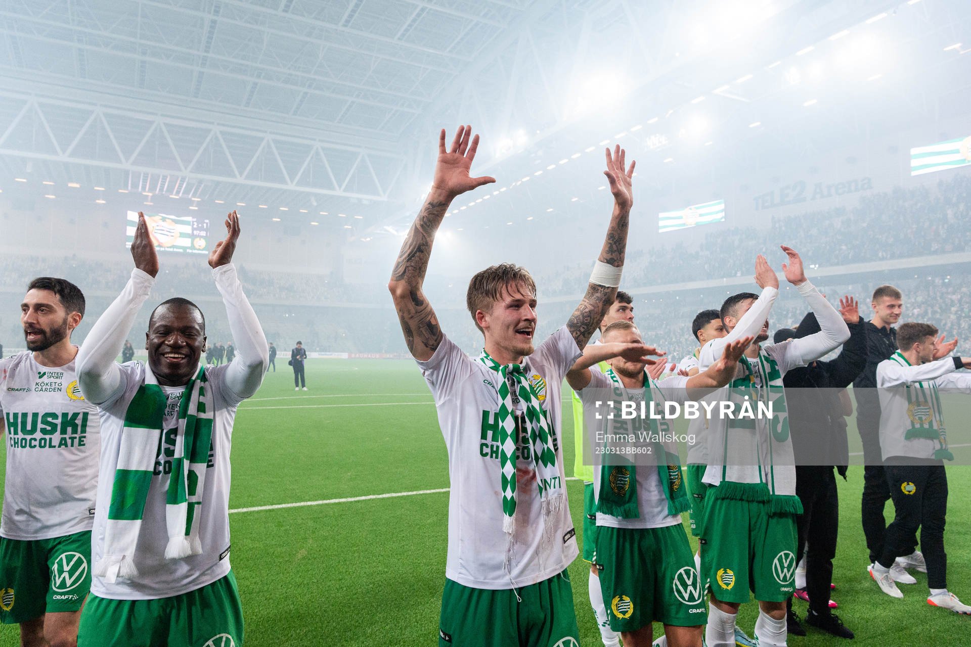 Hammarbys Fredrik Hammar jublar efter kvartsfinalen i Svenska Cupen i fotboll mellan Hammarby och AIK den 13 mars 2023 i Stockholm.