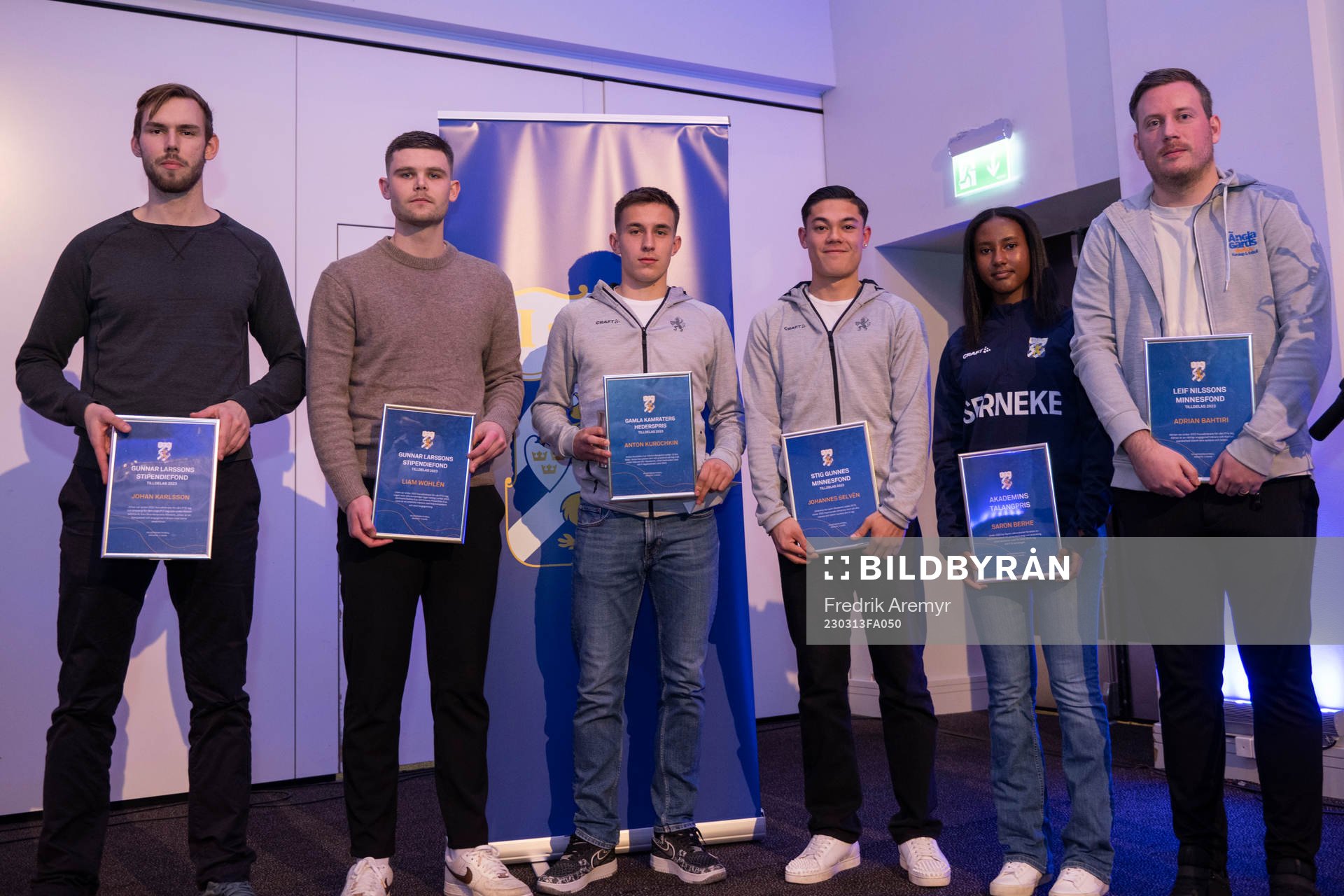 Pristagare, Johan Karlsson, Liam Wohlén, Anton Kurochkin, Johannes Selvén, Saron Berhe och Adrian Bahtri under IFK Göteborgs årsmöte den 13 mars 2023 i Göteborg.