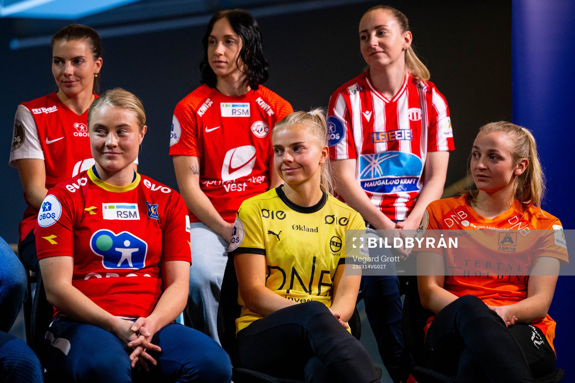 Cecilie Redisch Kvamme of Brann, Sarah Suphellen of Røa, Miljana Ivanović of Arna-Bjørnar, Emilie Woldvik of LSK Kvinner, Hanna Dahl of Avaldsnes and Alise Tvilde Evensen of Åsane during a press event on March 14, 2023 in Oslo.