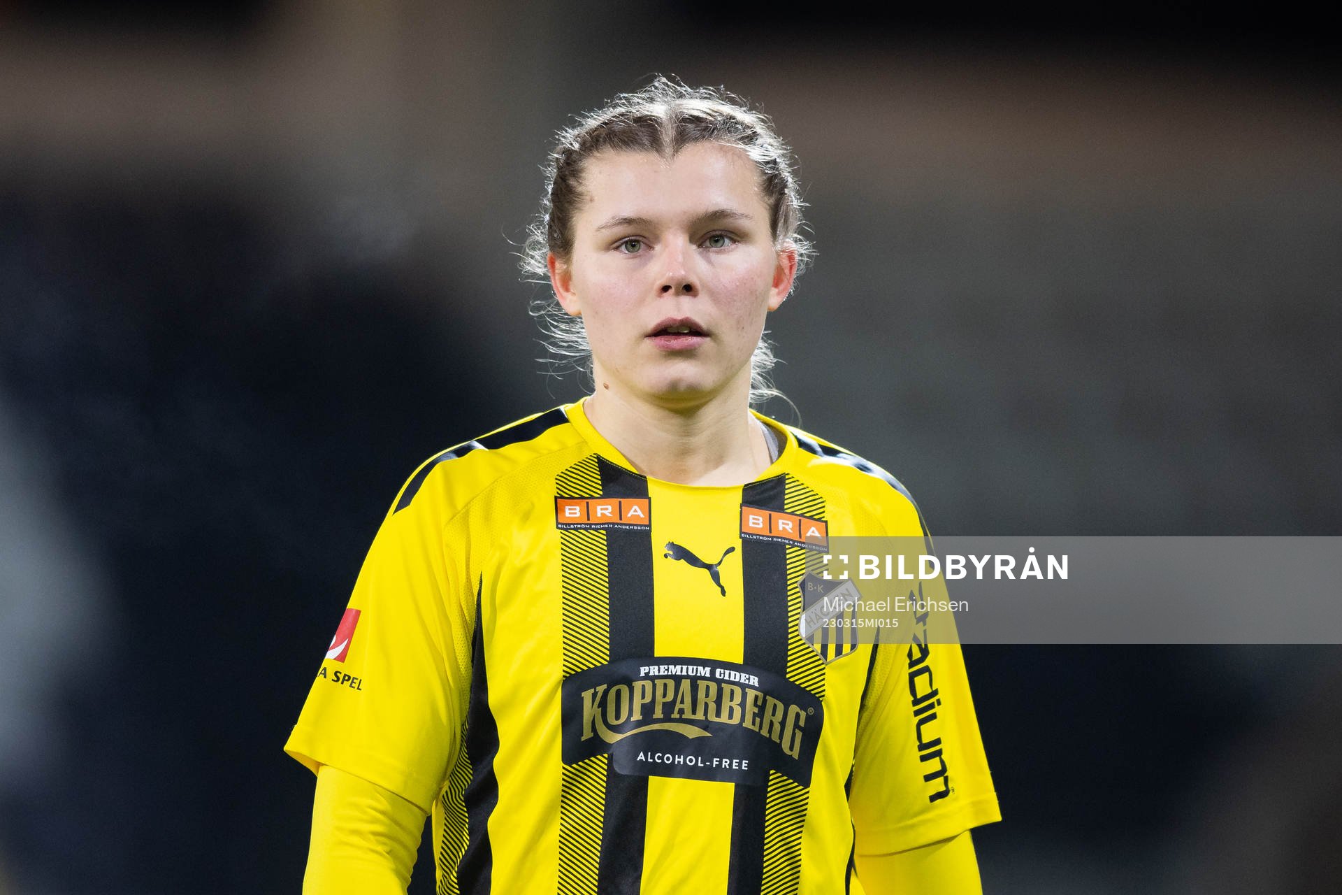 Häckens Alexandra Hellekant under träningsmatchen i fotboll mellan Häcken och Lidköping den 15 mars 2023 i Göteborg. 
