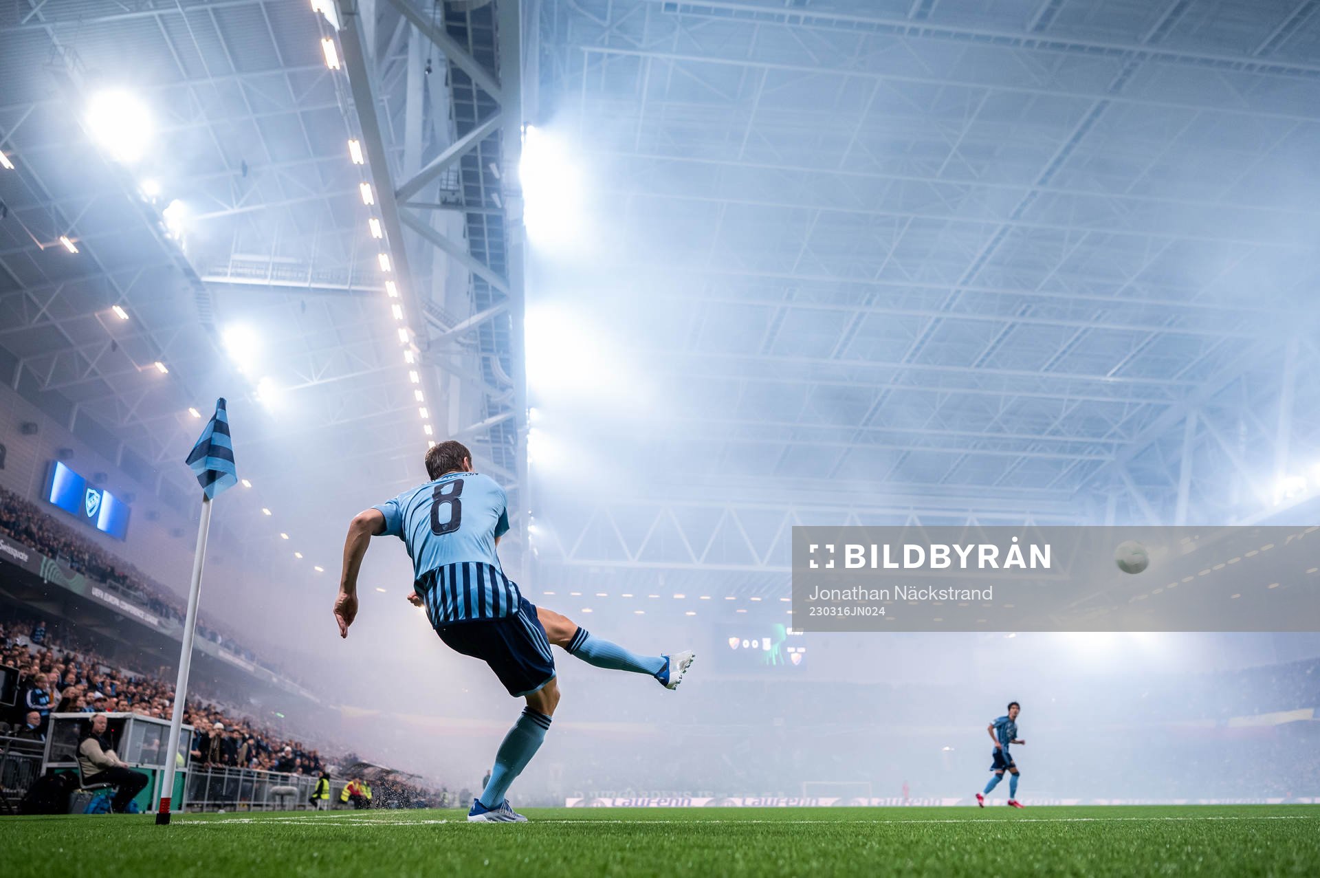 Elias Andersson of Djurgården during the UEFA Conference League round of 16 match between Djurgården and Lech Poznan on March 16, 2023 in Stockholm.
