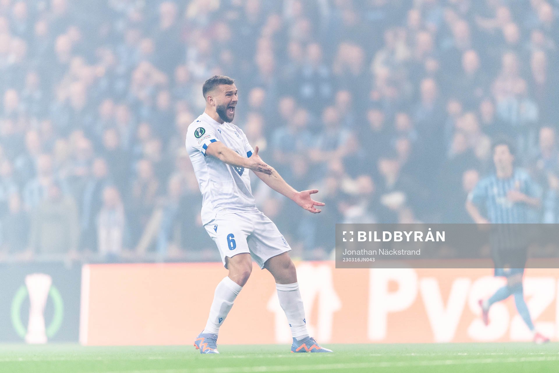 Jesper Karlström of Lech Poznan reacts during the UEFA Conference League round of 16 match between Djurgården and Lech Poznan on March 16, 2023 in Stockholm.