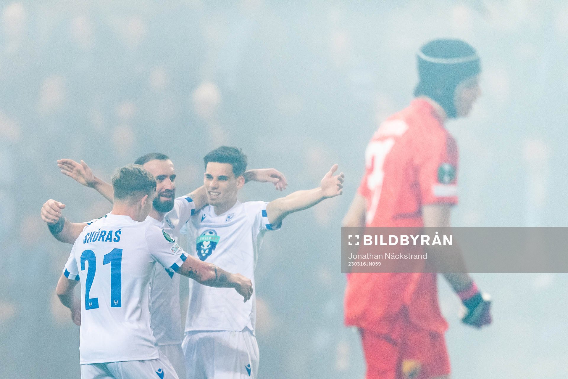 Players of Lech Poznan celebrate the 0-2 goal by Michal