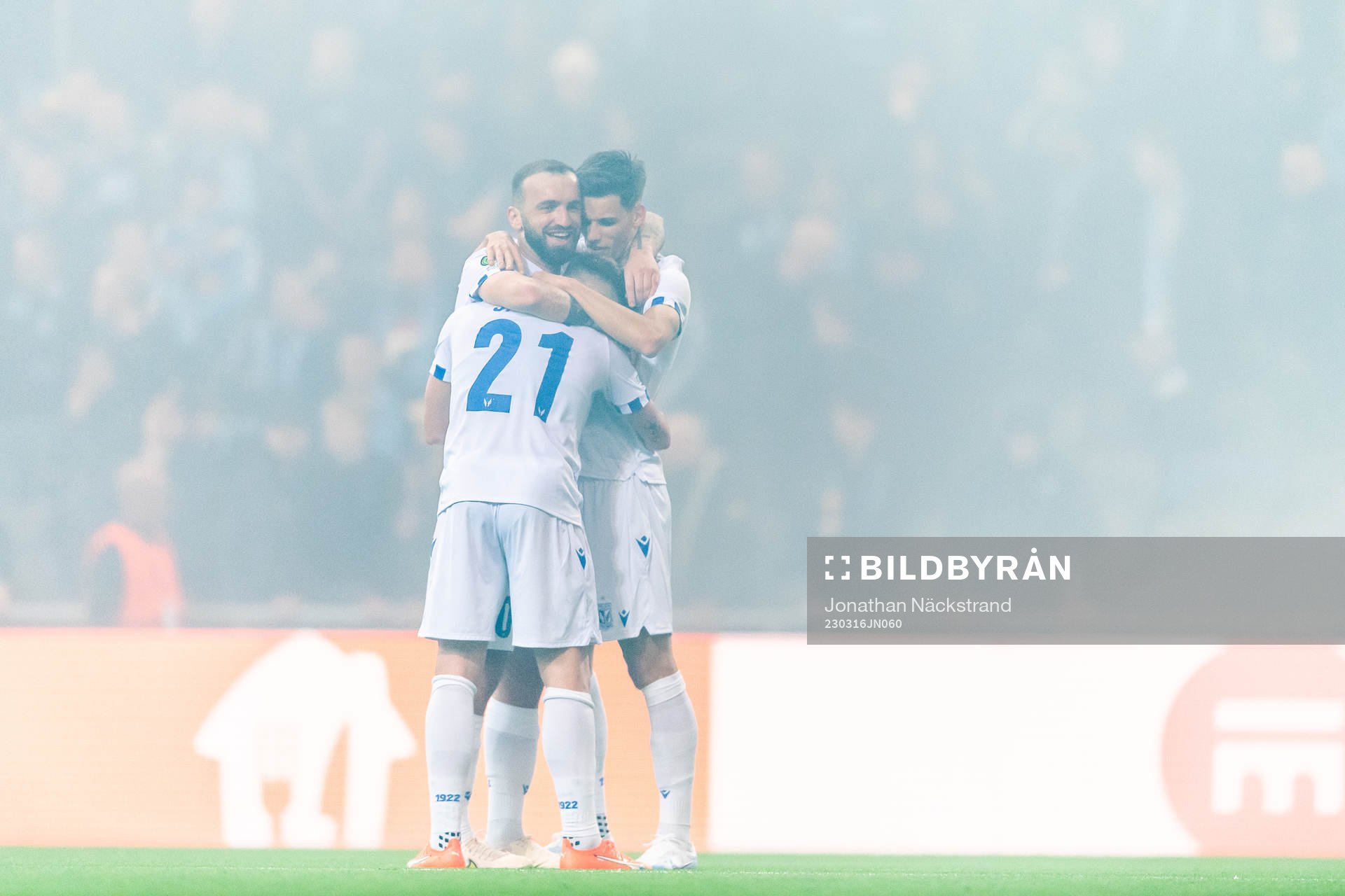 Players of Lech Poznan celebrate the 0-2 goal by Michal Skoras during the UEFA Conference League round of 16 match between Djurgården and Lech Poznan on March 16, 2023 in Stockholm.