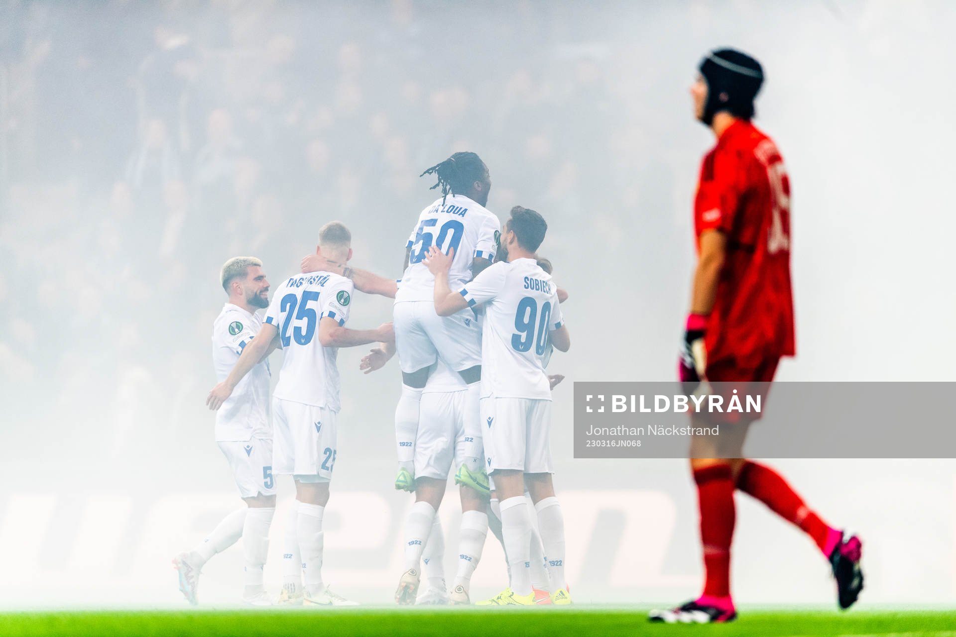 Players of Lech Poznan celebrates the 0-3 goal by Michal Skoras during the UEFA Conference League round of 16 match between Djurgården and Lech Poznan on March 16, 2023 in Stockholm.