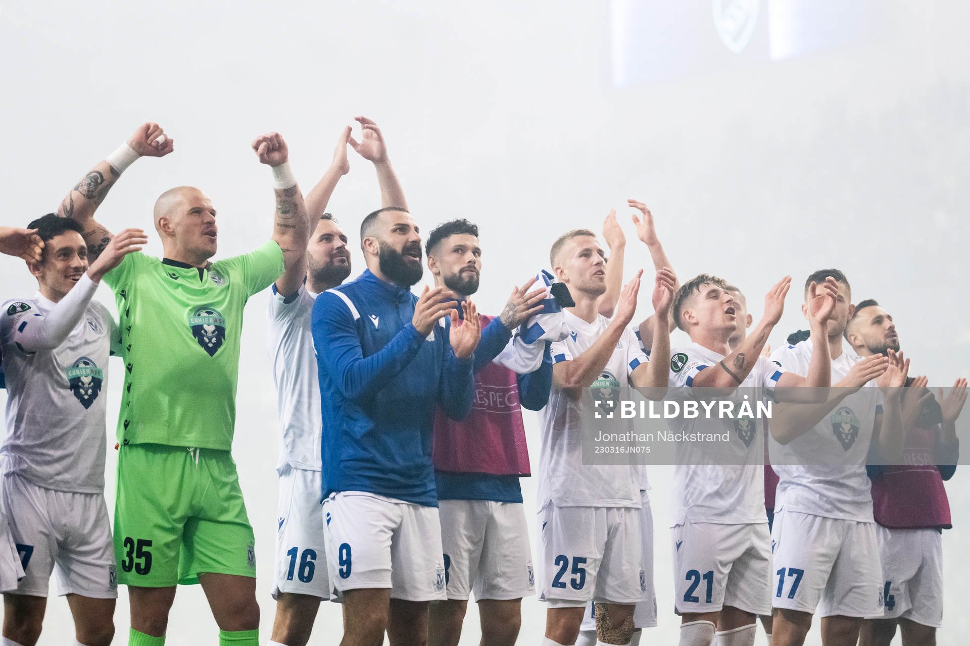 Players of Lech Poznan celebrate after the UEFA Conference League round of 16 match between Djurgården and Lech Poznan on March 16, 2023 in Stockholm.