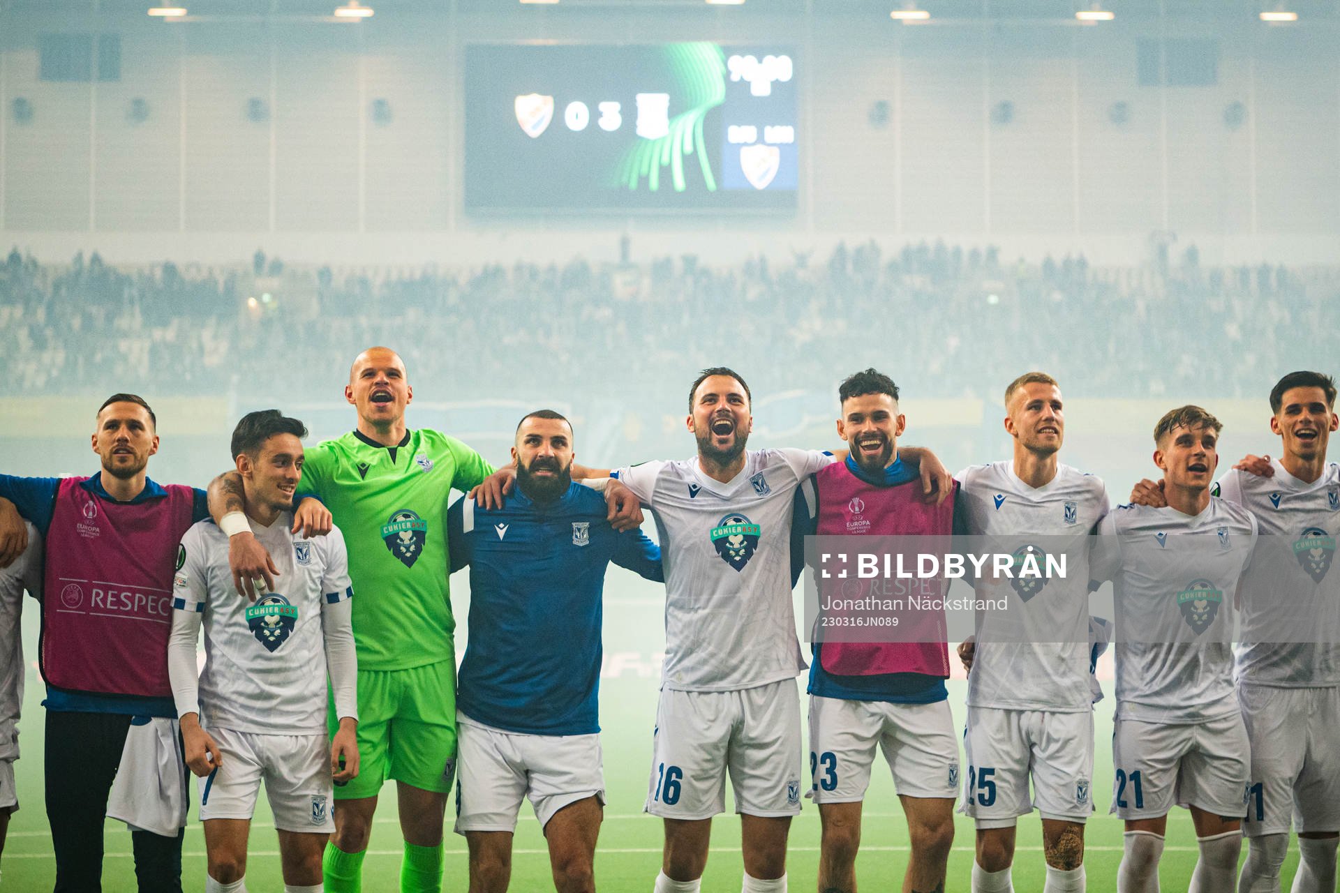 Players of Lech Poznan celebrate after the UEFA Conference League round of 16 match between Djurgården and Lech Poznan on March 16, 2023 in Stockholm.