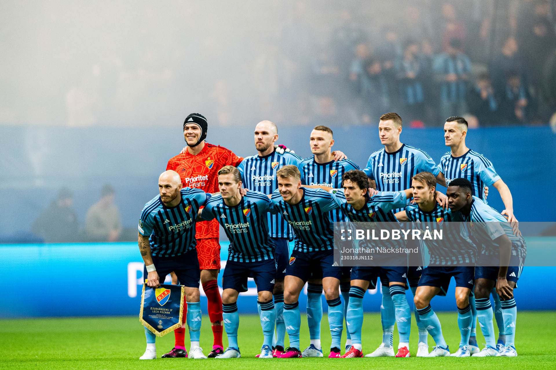 Players of Djurgården pose for a team photo ahead of the UEFA Conference League round of 16 match between Djurgården and Lech Poznan on March 16, 2023 in Stockholm.