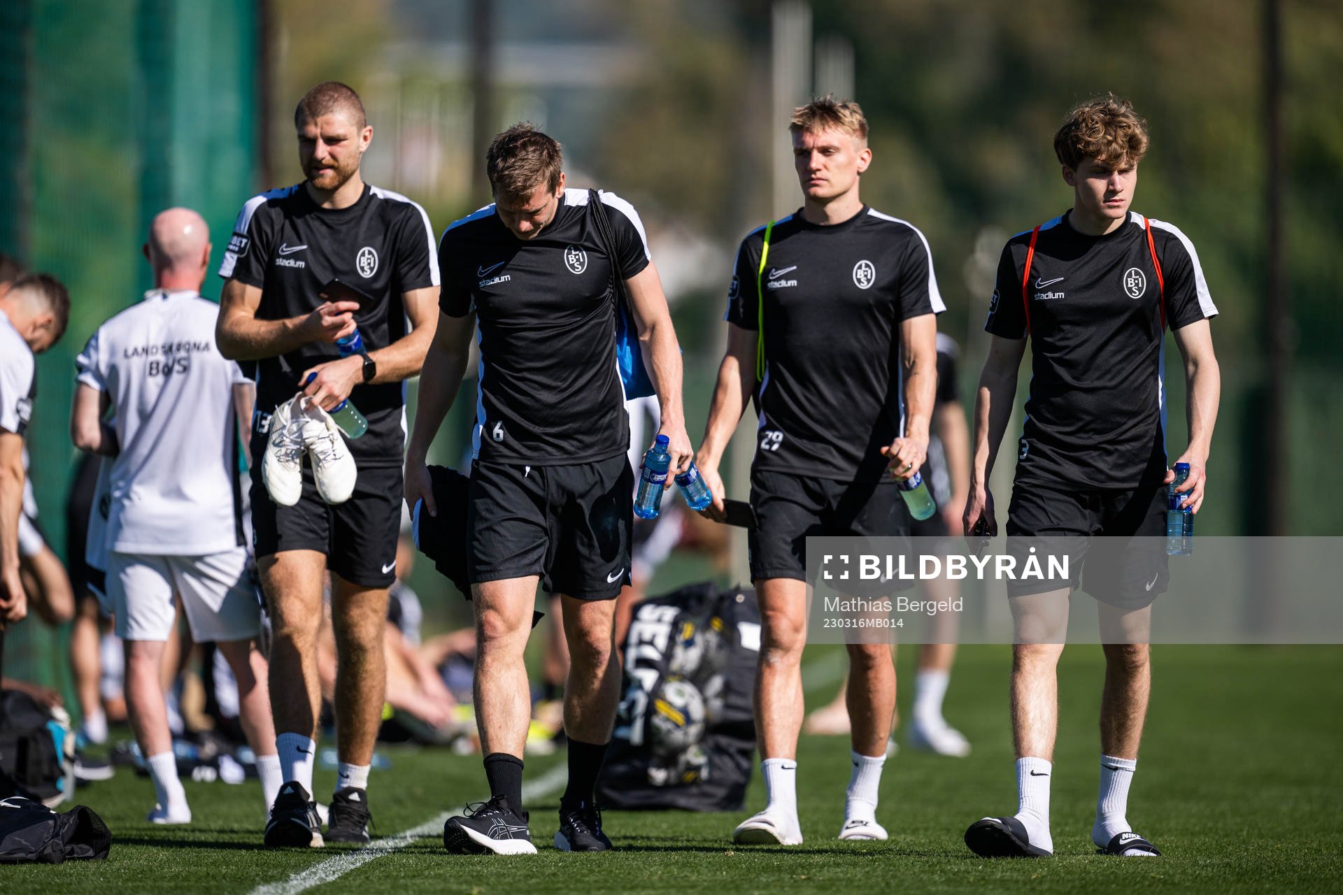 Erik Hedenquist, Philip Andersson, målvakt Svante Hildeman och Jacob Perleman under en fotbollsträning med Landskrona den 16 mars 2023 i Marbella.