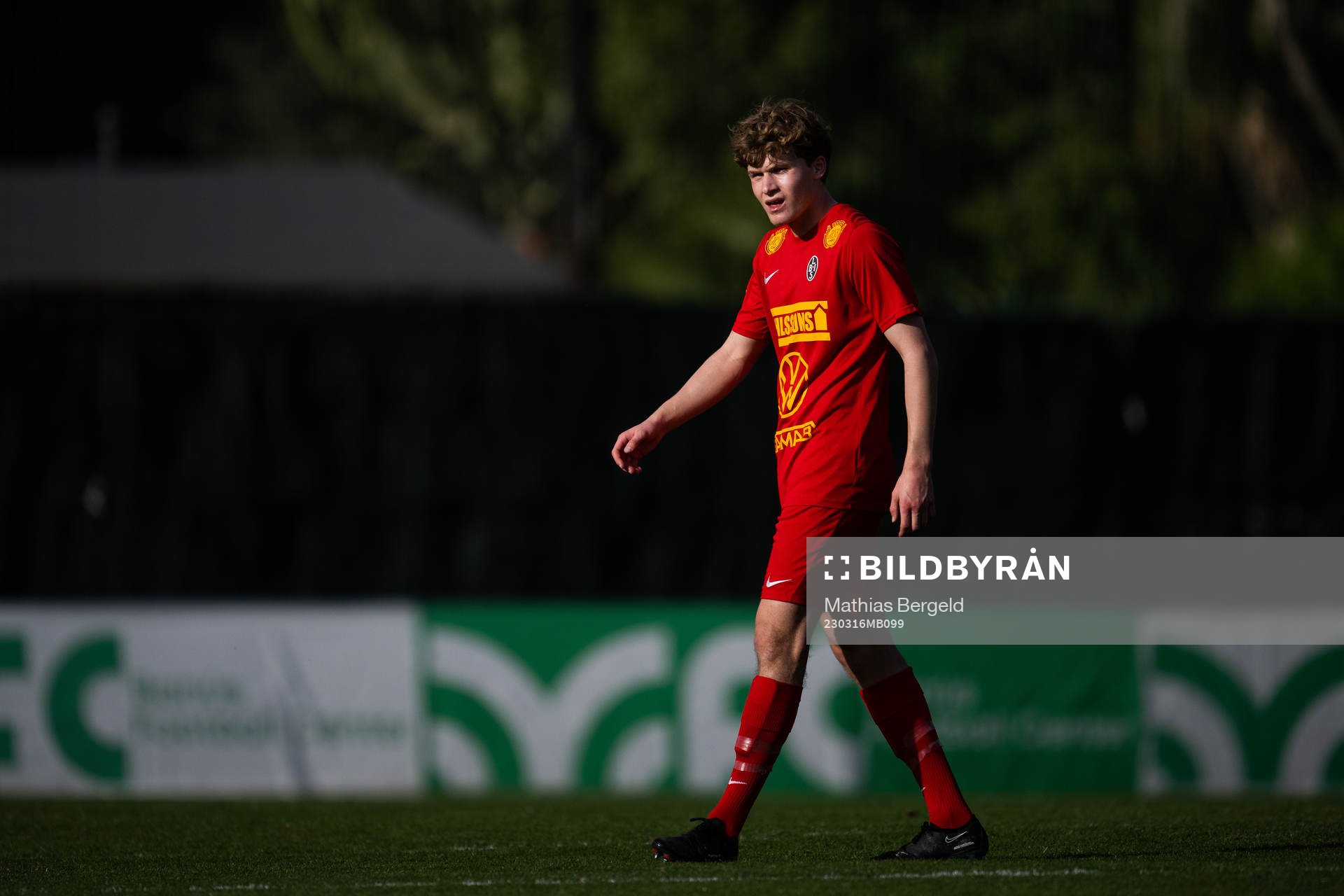 Landskronas Jacob Perleman under träningsmatchen i fotboll mellan Kristiansund och Landskrona den 16 mars 2023 i Marbella. 