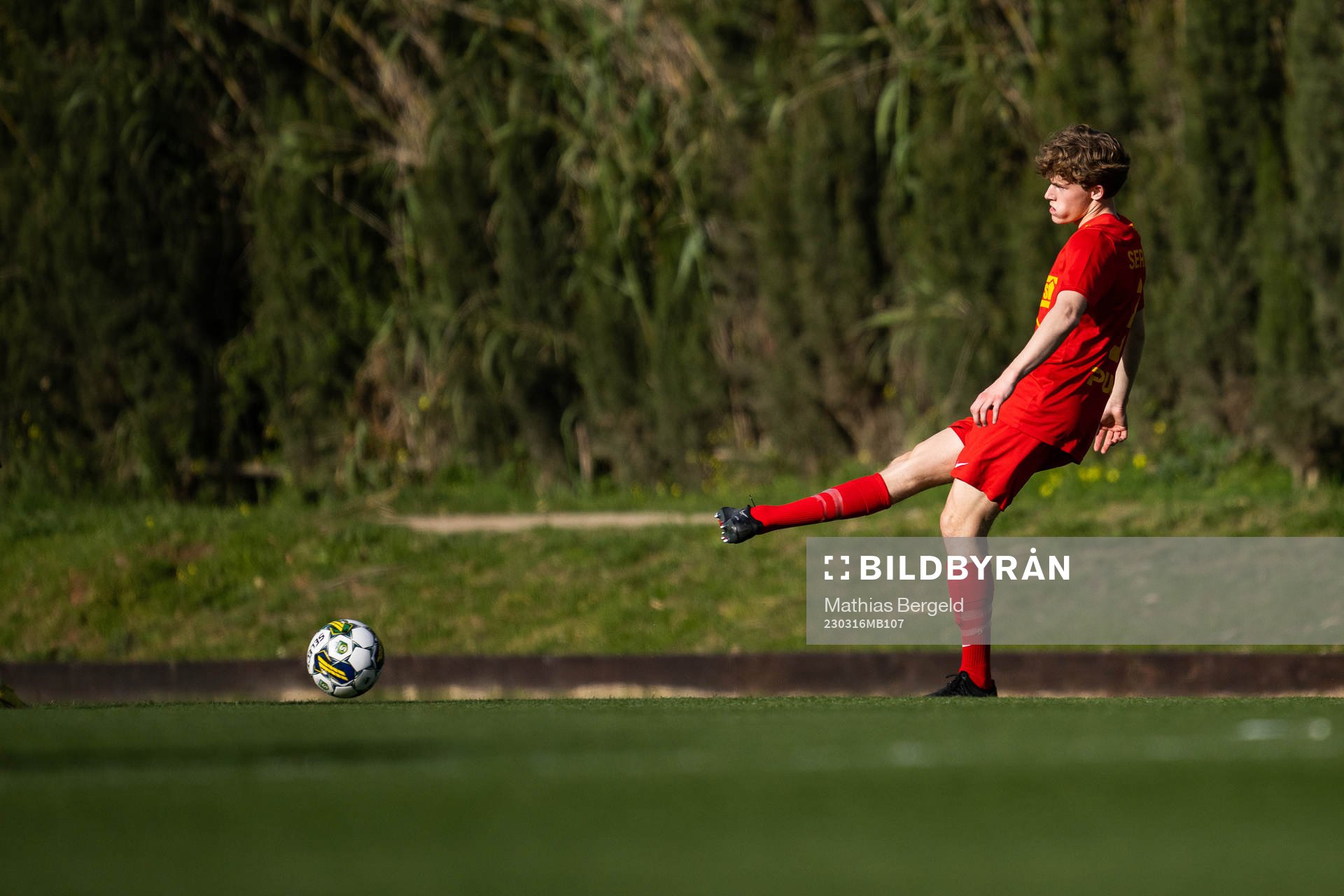 Landskronas Jacob Perleman under träningsmatchen i fotboll mellan Kristiansund och Landskrona den 16 mars 2023 i Marbella. 
