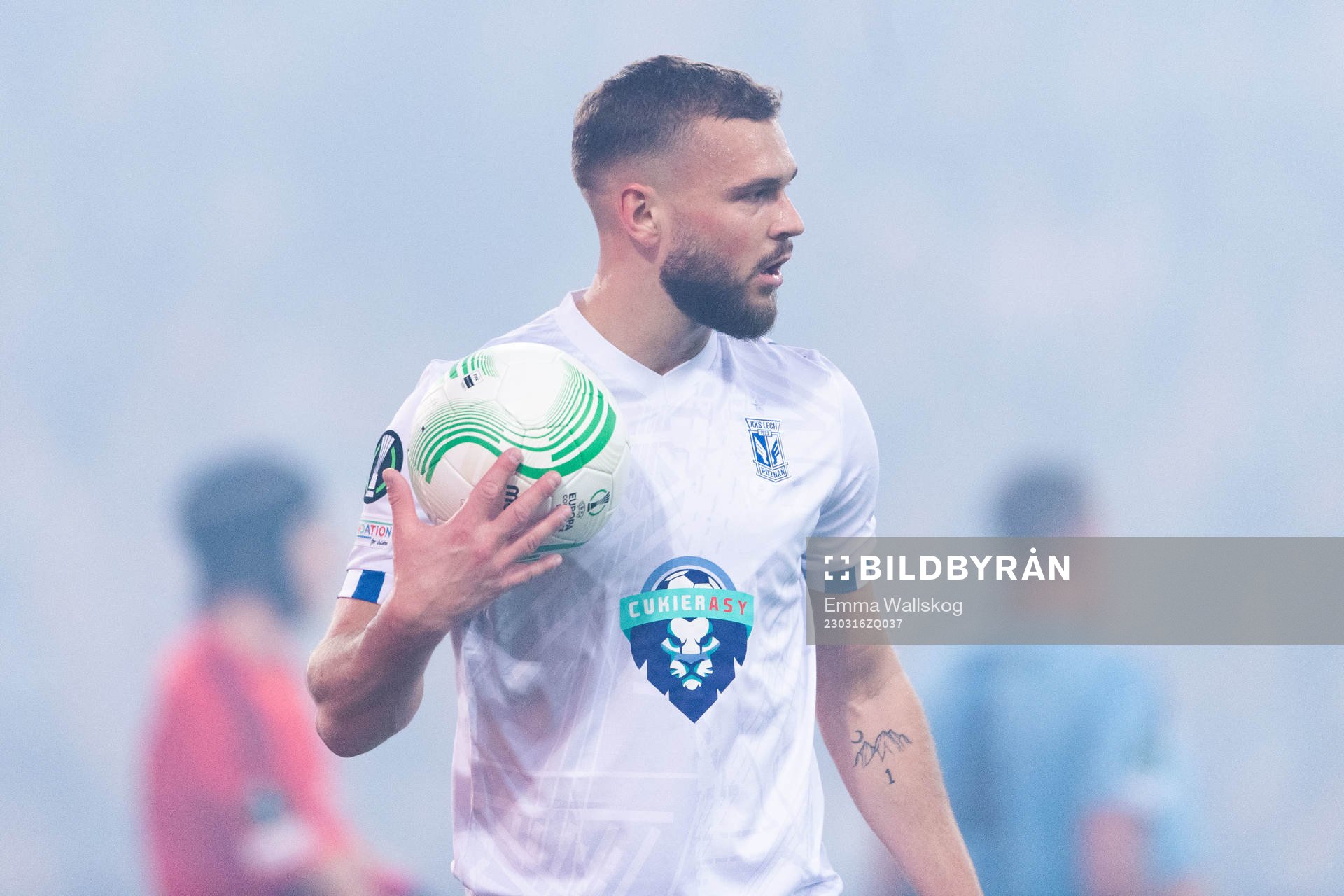 Jesper Karlström of Lech Poznan during the UEFA Conference League round of 16 match between Djurgården and Lech Poznan on March 16, 2023 in Stockholm.