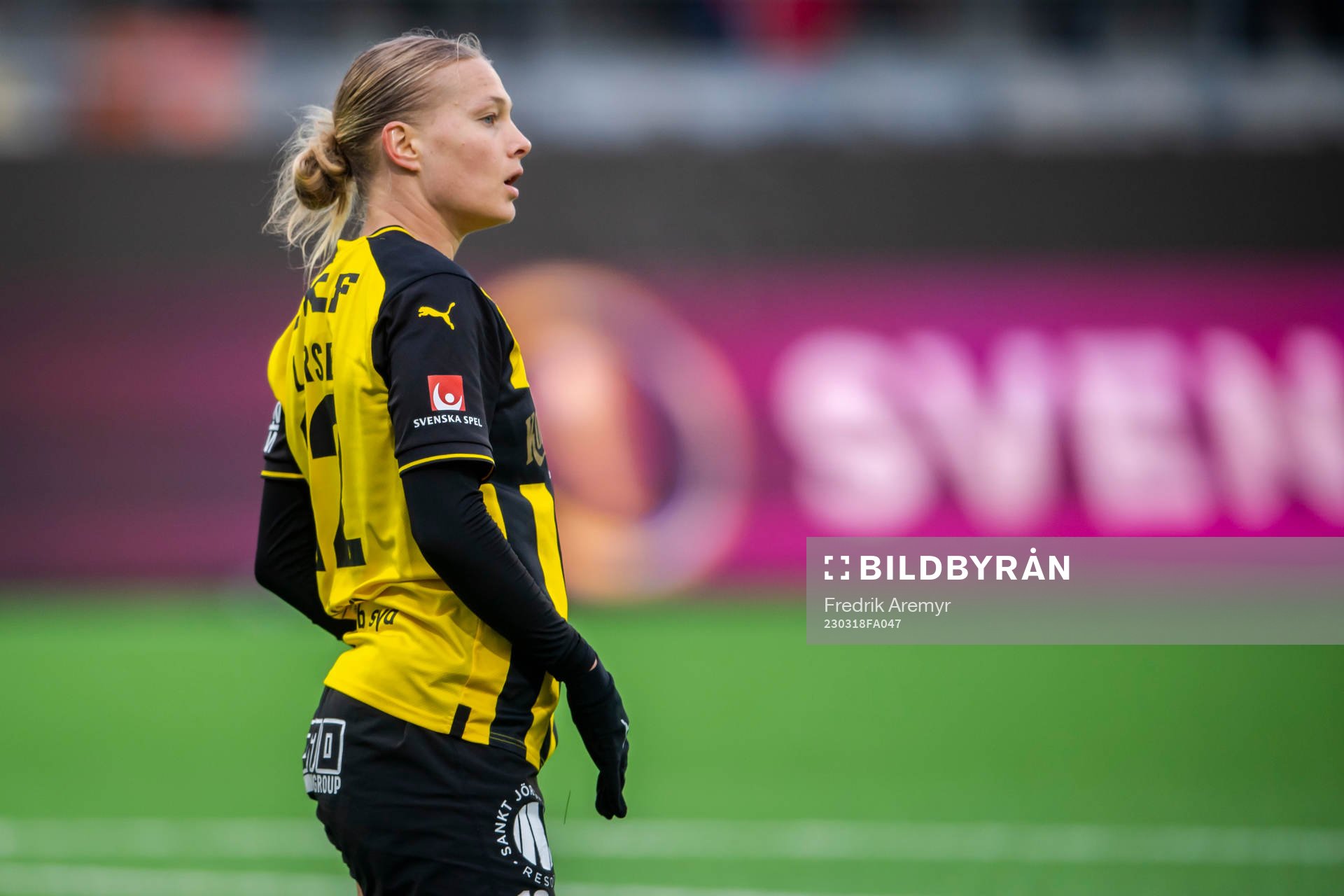Häckens Stine Larsson under fotbollsmatchen i Svenska Cupen mellan Häcken och Kristianstad den 18 mars 2023 i Göteborg.