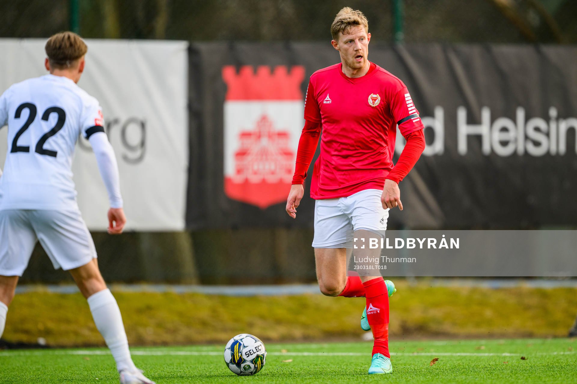 Kalmars Lars Saetra under träningsmatchen i fotboll mellan Helsingborg och Kalmar den 18 mars 2023 i Helsingborg. 