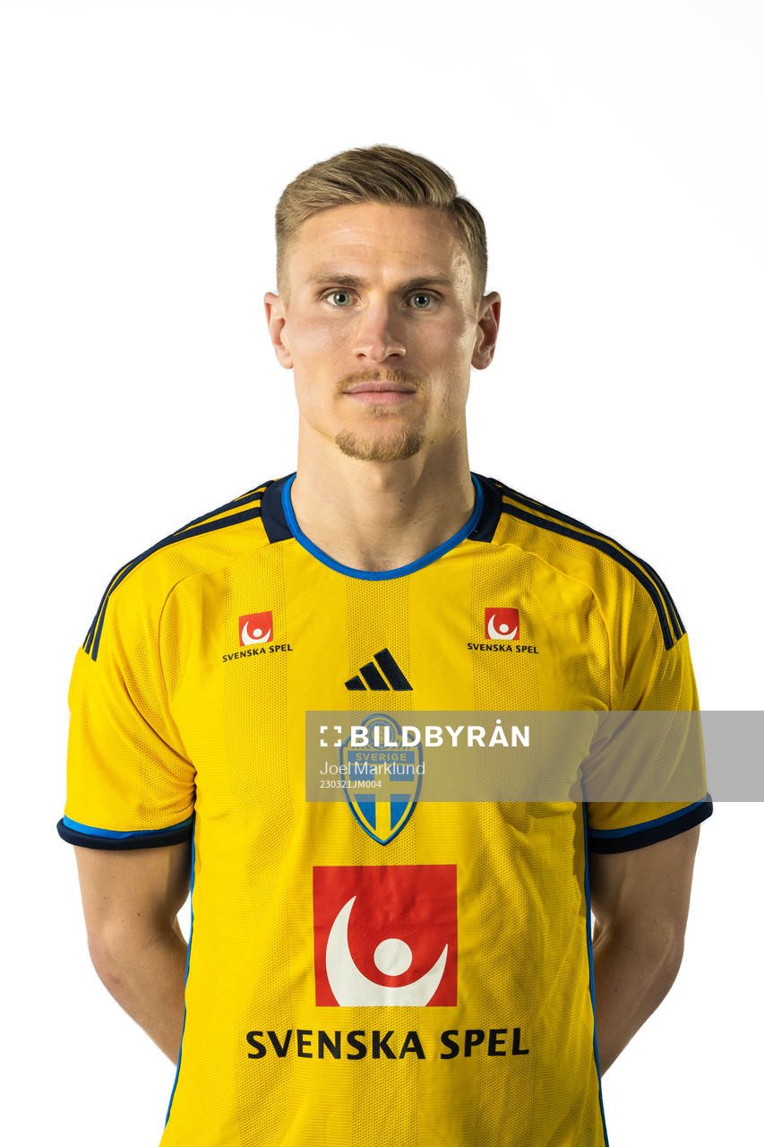 Carl Starfelt of the Swedish national football team poses