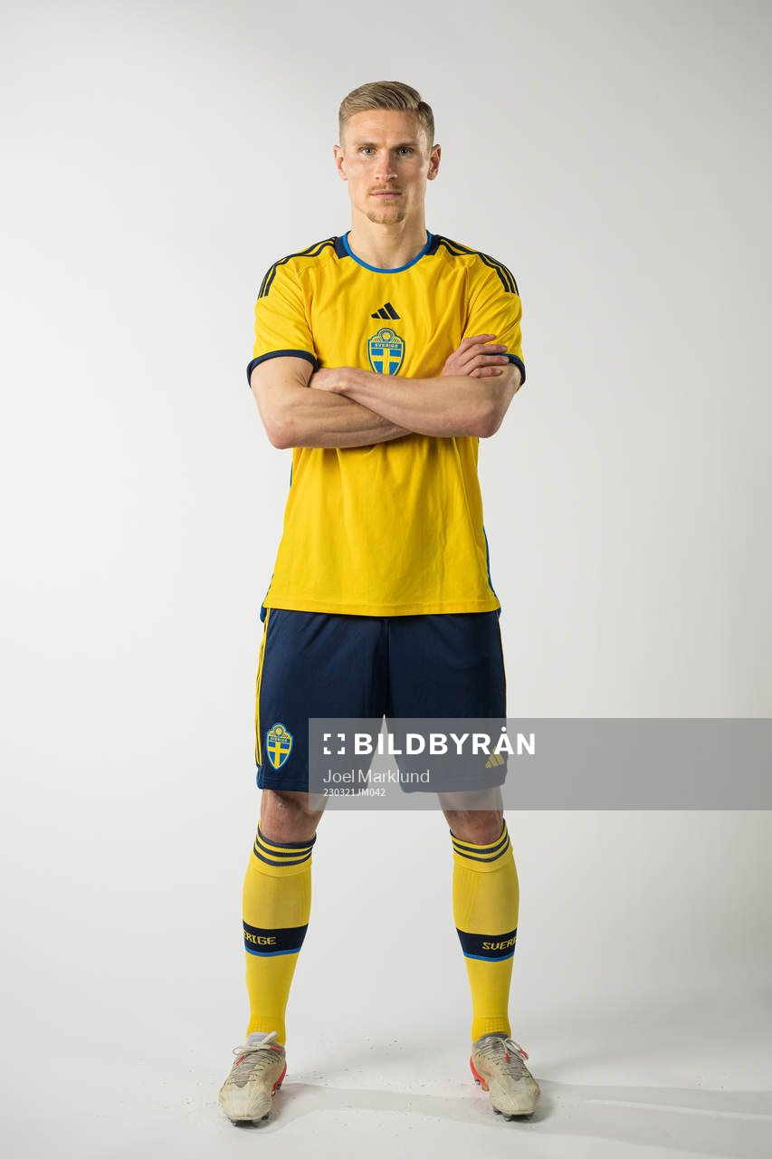 Carl Starfelt of the Swedish national football team poses