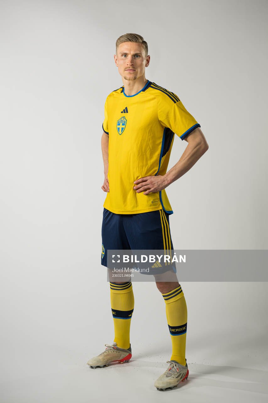 Carl Starfelt of the Swedish national football team poses